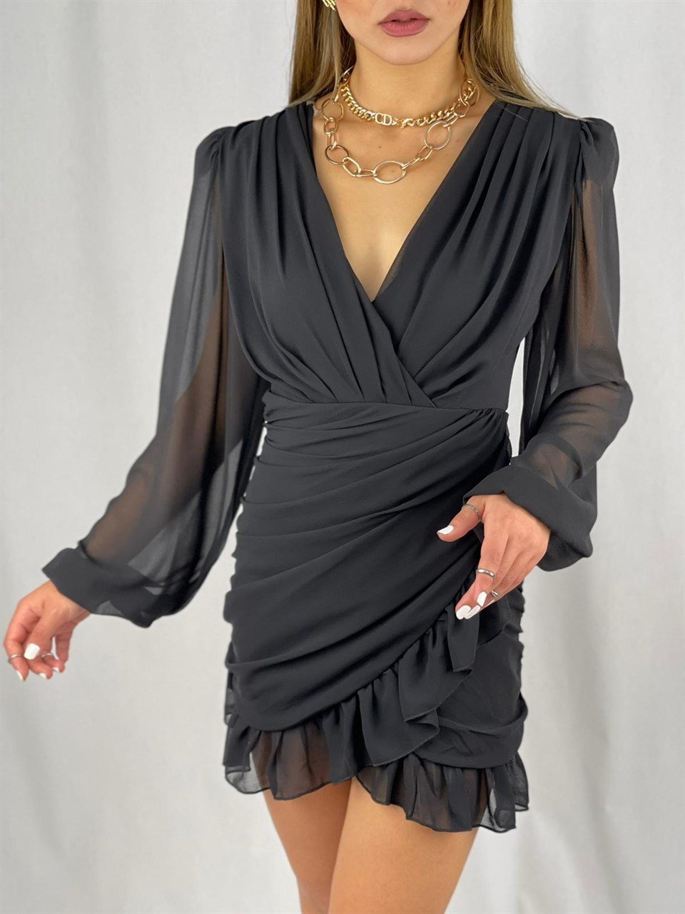 Balon-Kol-Drapeli-Fırfırlı-Tasarım-Elbise