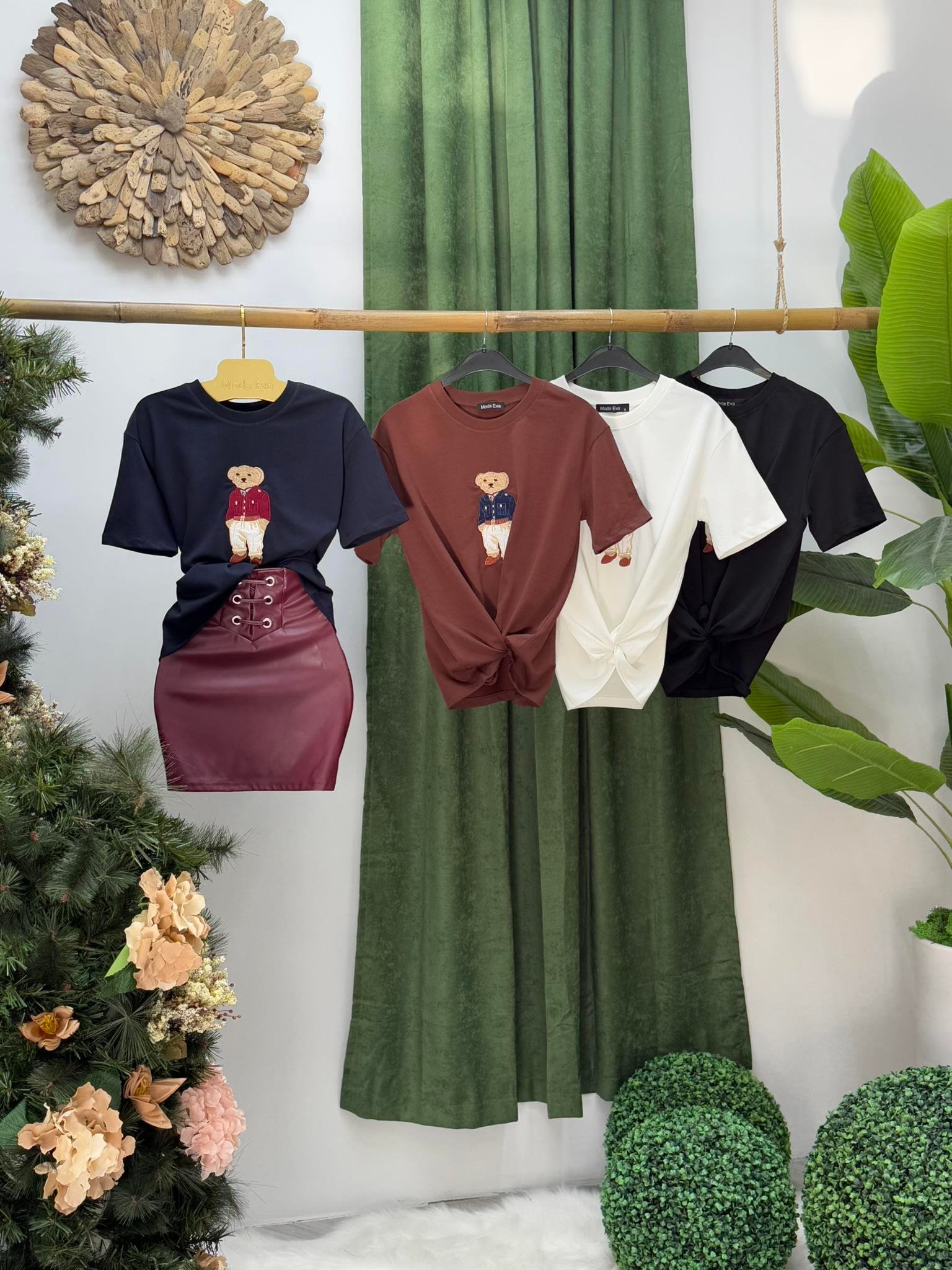 Bear Desenli Nakış Detaylı Rahat Kalıp Premium Tshirt Kahverengi