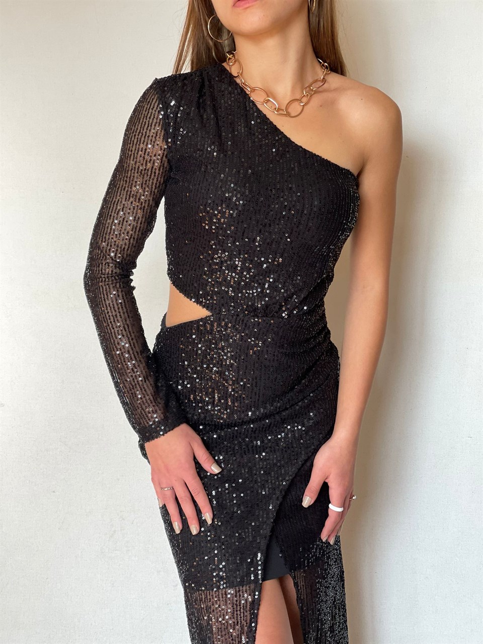 Bel Dekolte Zarf Etekli Midi Boy Payet Elbise