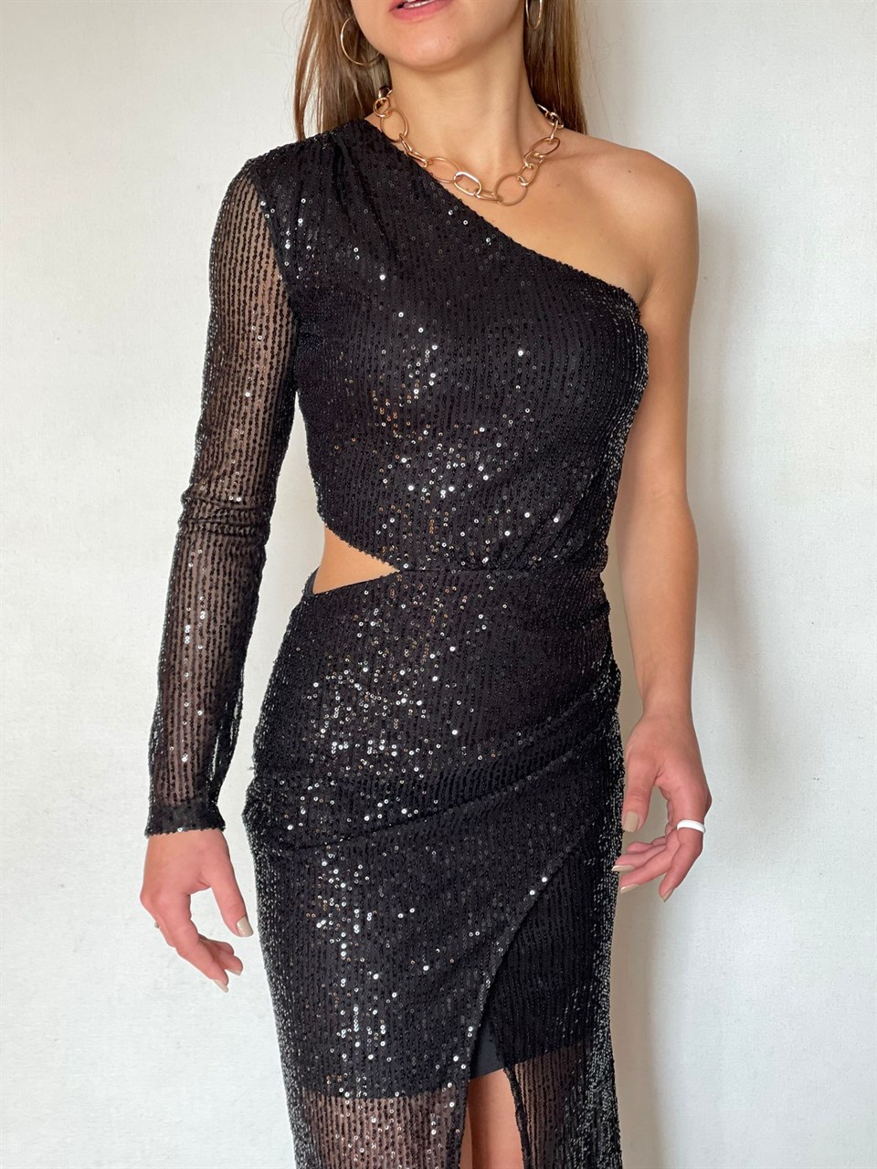 Bel Dekolte Zarf Etekli Midi Boy Payet Elbise