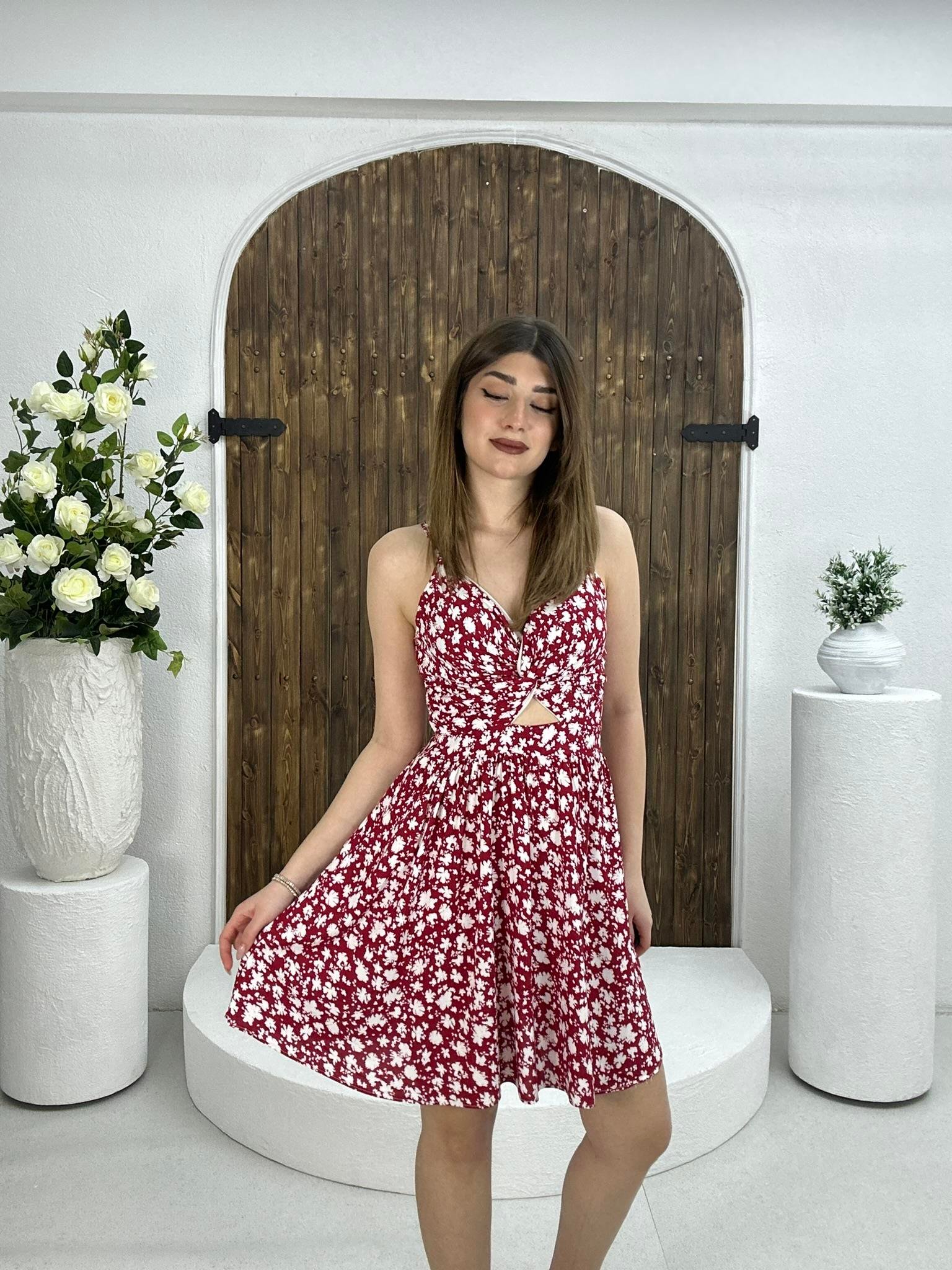 Bel Detaylı Viskon Kumaş Glop Destekli Çiçek Desen Kloş Elbise Fuşya