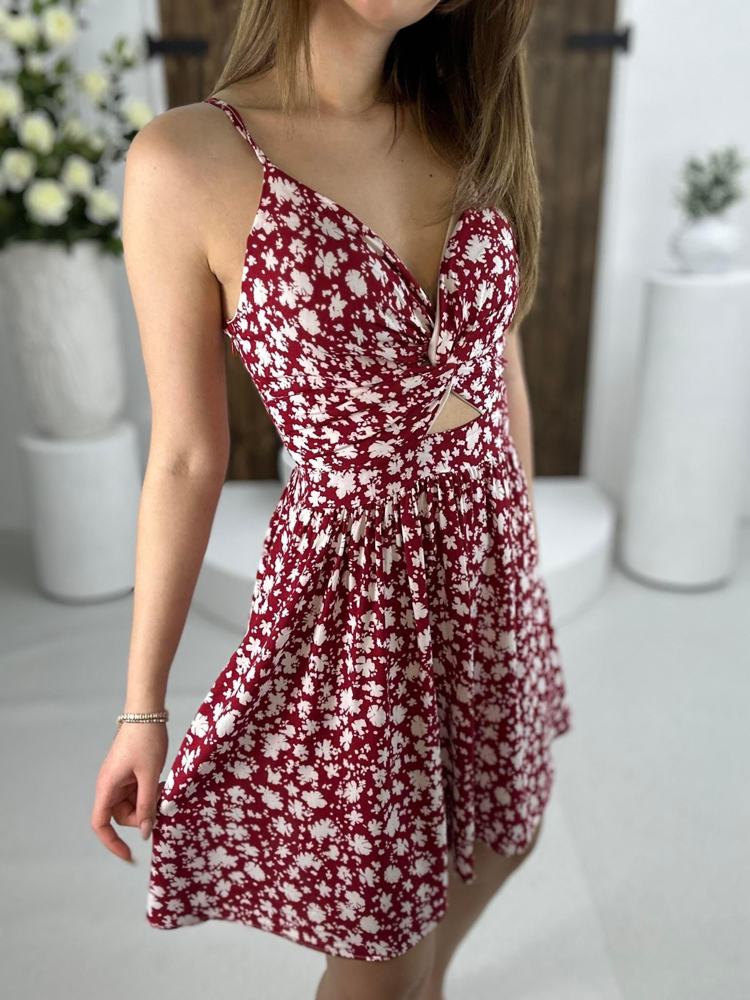 Bel Detaylı Viskon Kumaş Glop Destekli Çiçek Desen Kloş Elbise Fuşya