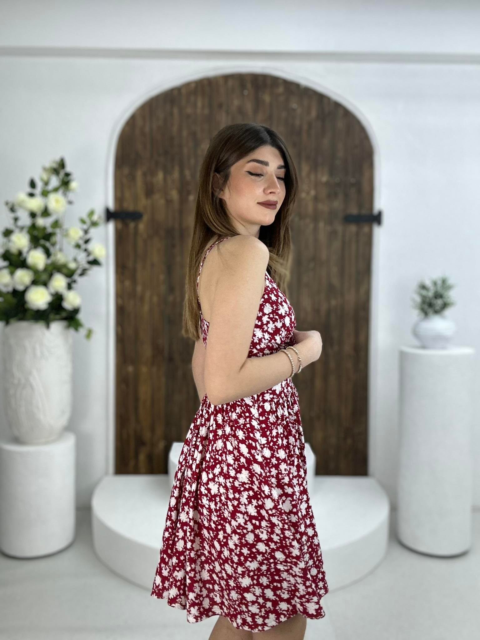 Bel Detaylı Viskon Kumaş Glop Destekli Çiçek Desen Kloş Elbise Fuşya