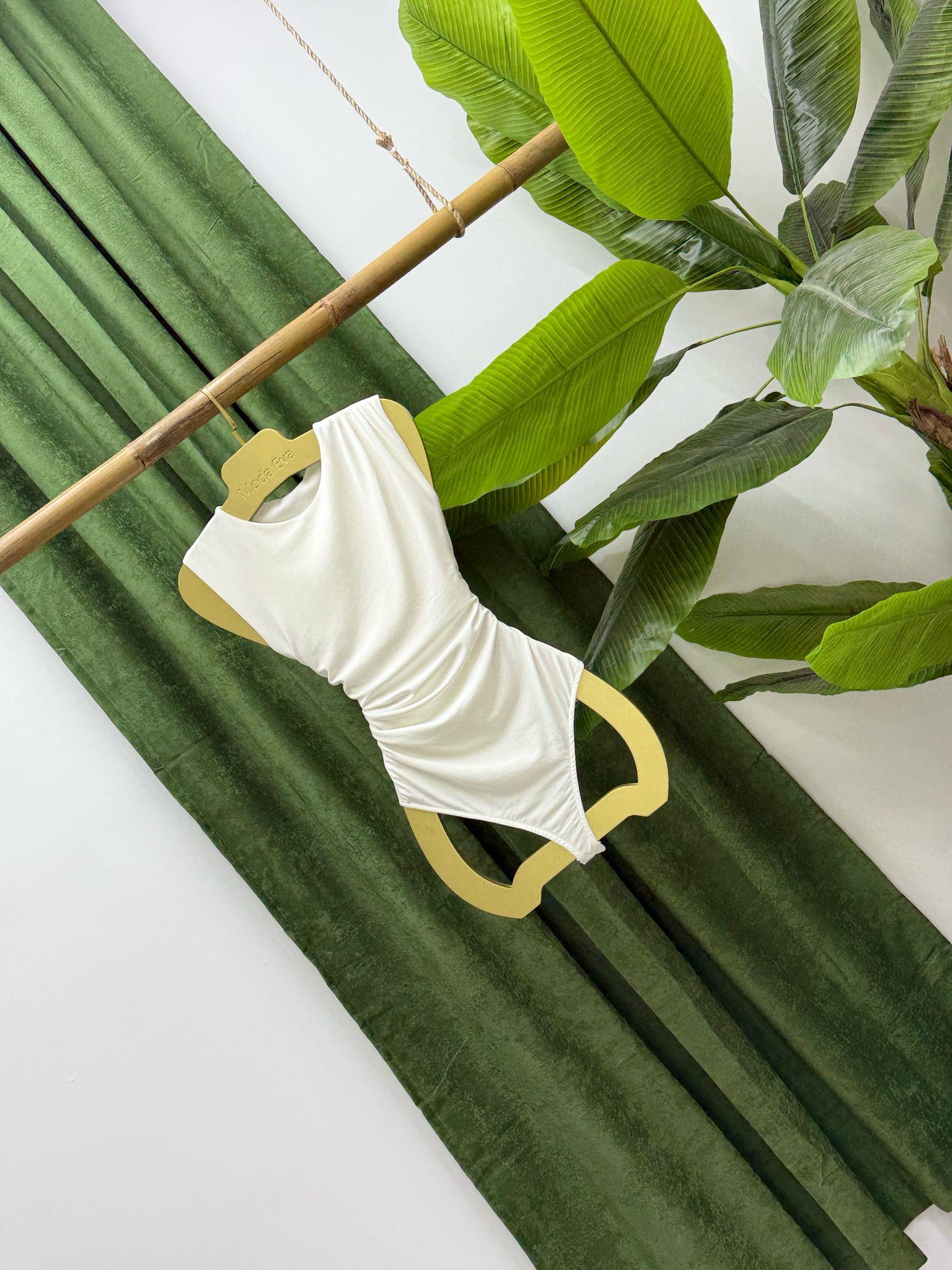 Bisiklet Yaka Önü Astarlı Büzgülü Bodysuit  Beyaz