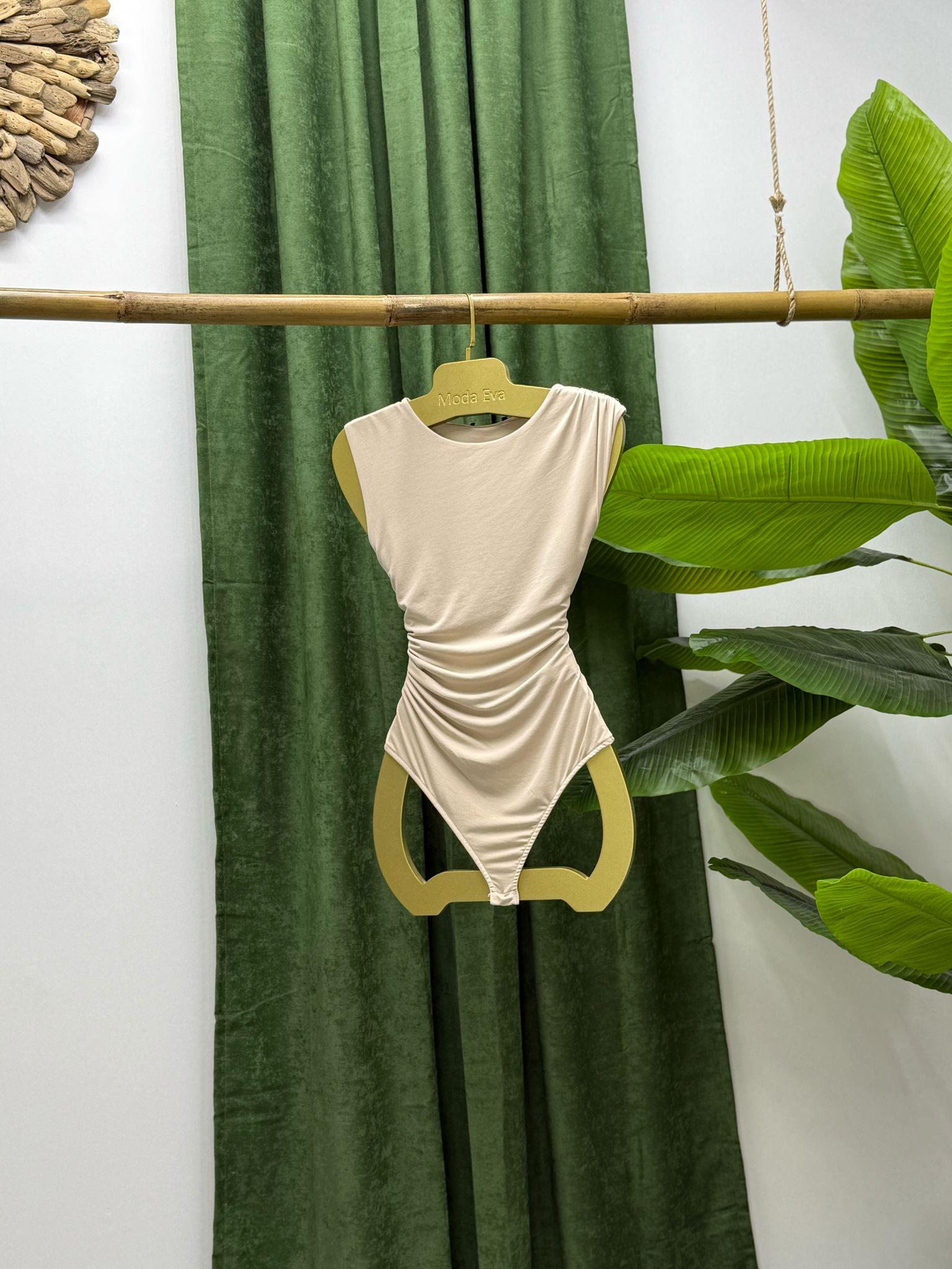 Bisiklet Yaka Önü Astarlı Büzgülü Bodysuit  Bej