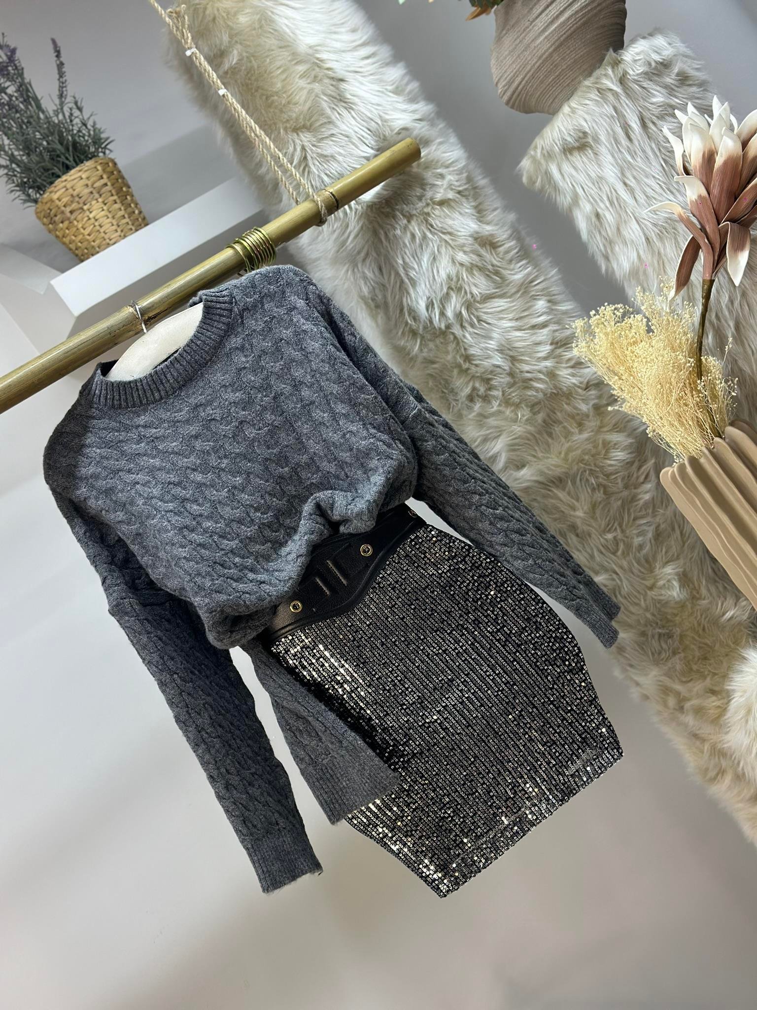 Bisiklet Yaka Örgü  Desen Triko Kazak