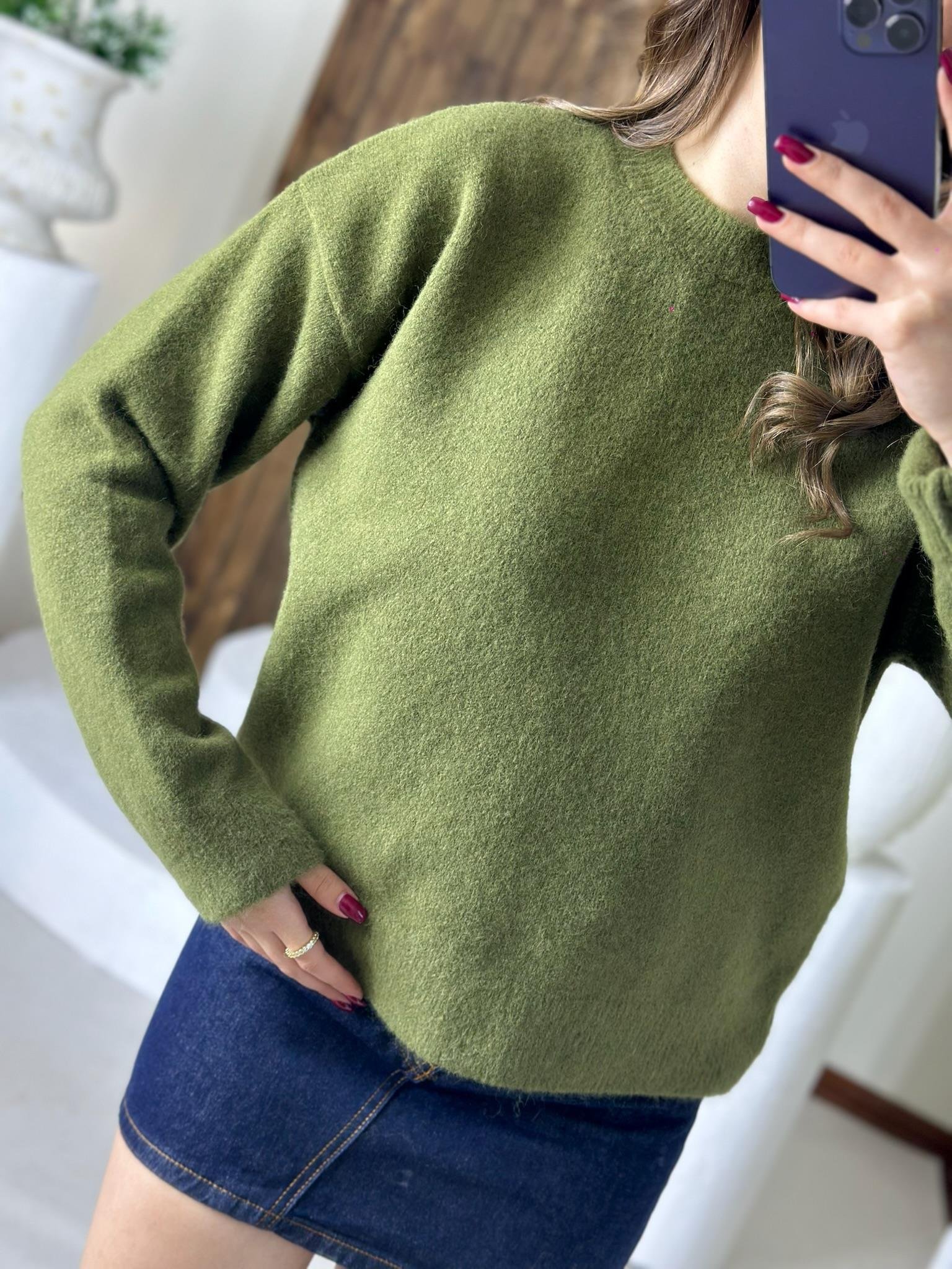 Bisiklet Yaka Yumuşak Dokulu Yün Karışımlı Kazak Haki