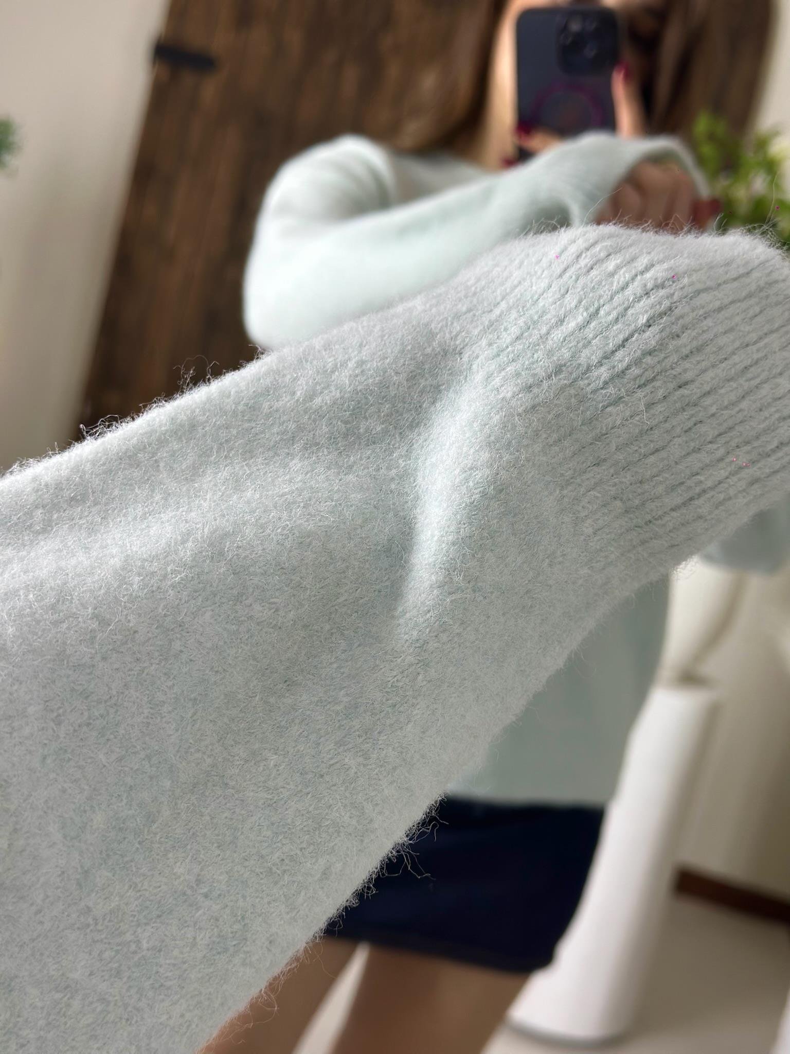 Bisiklet Yaka Yumuşak Dokulu Yün Karışımlı Kazak Mint