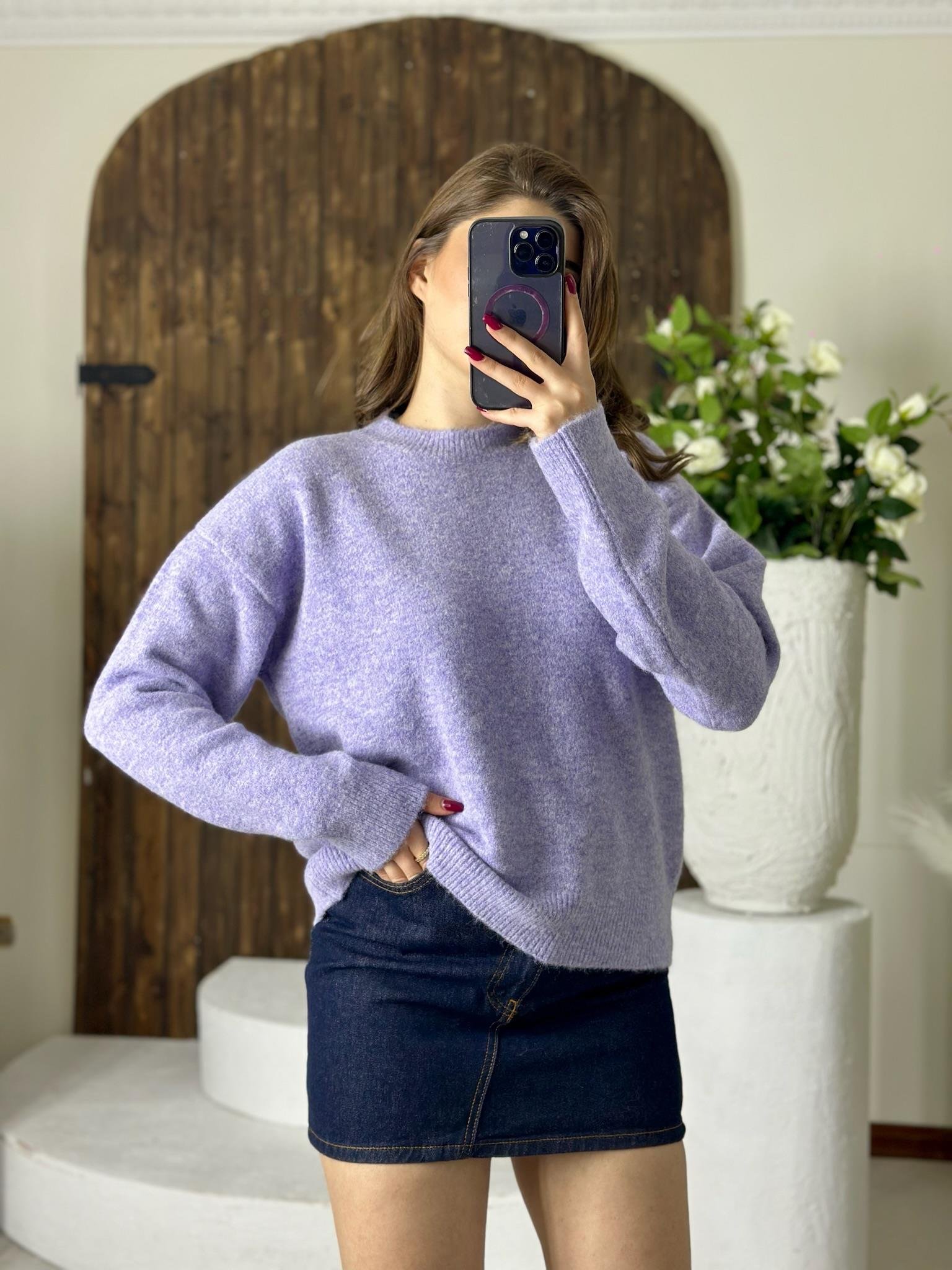 Bisiklet Yaka Yumuşak Dokulu Yün Karışımlı Kazak Lila