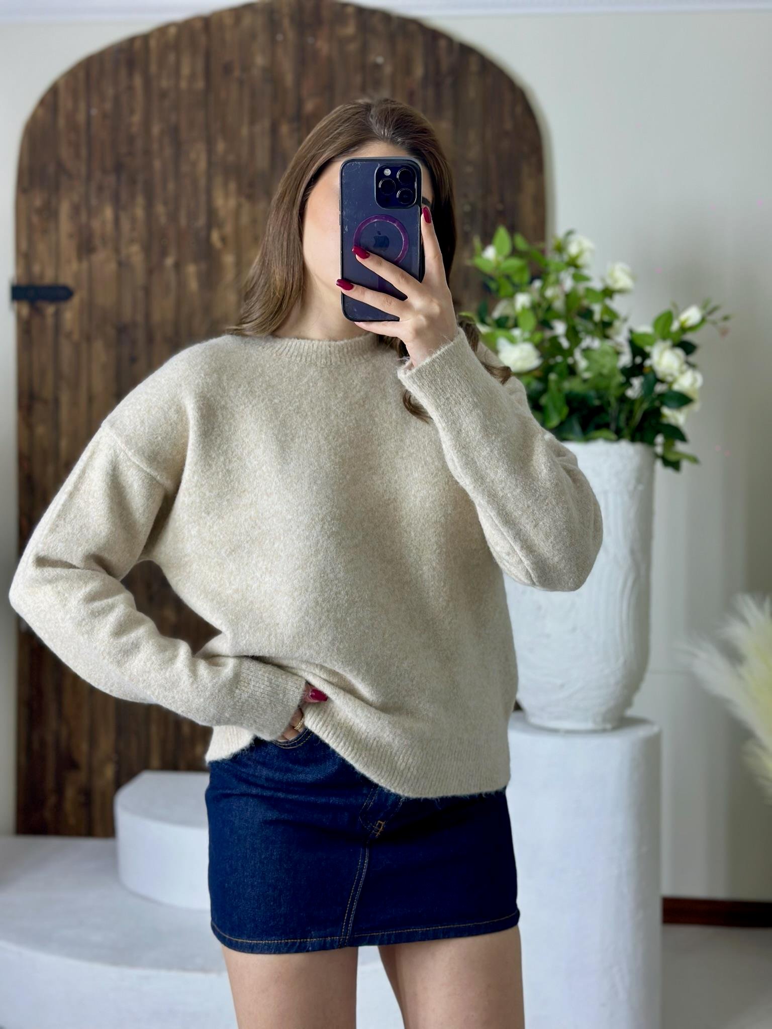 Bisiklet Yaka Yumuşak Dokulu Yün Karışımlı Kazak Krem