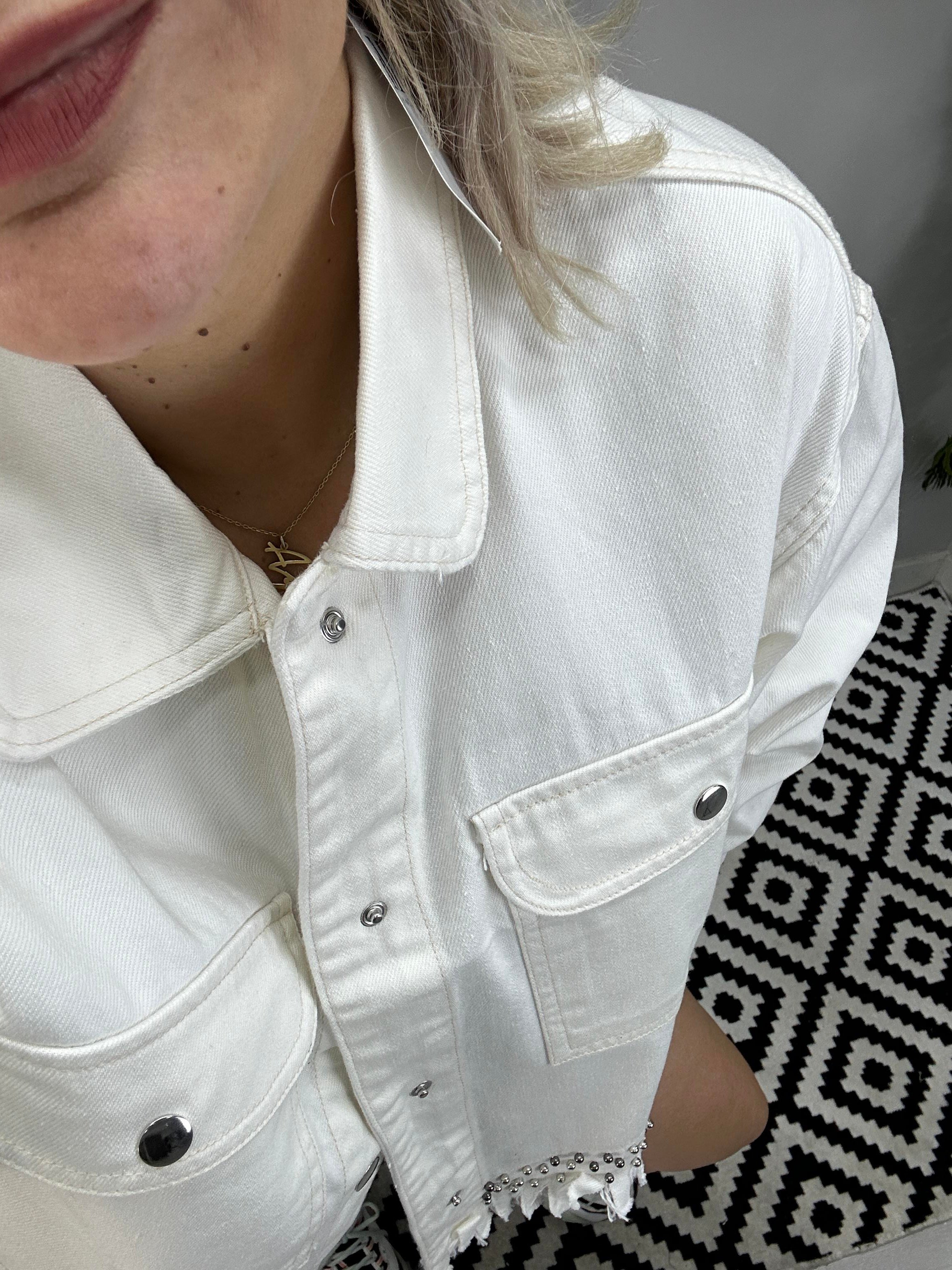 Boyfriend Kalıp Zımba Detaylı Krem Jean Ceket