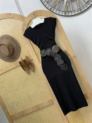 Burgu Kaşkorse Kumaş Kısa Kollu Basic Midi Boy Elbise 