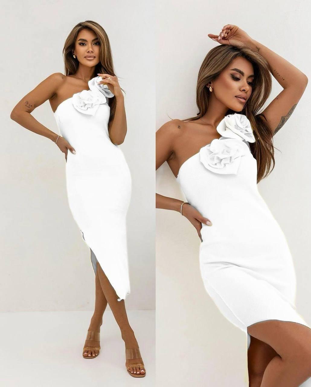 Burgu Kumaş Çiçek Detay Tek Omuz Kalem Elbise Beyaz