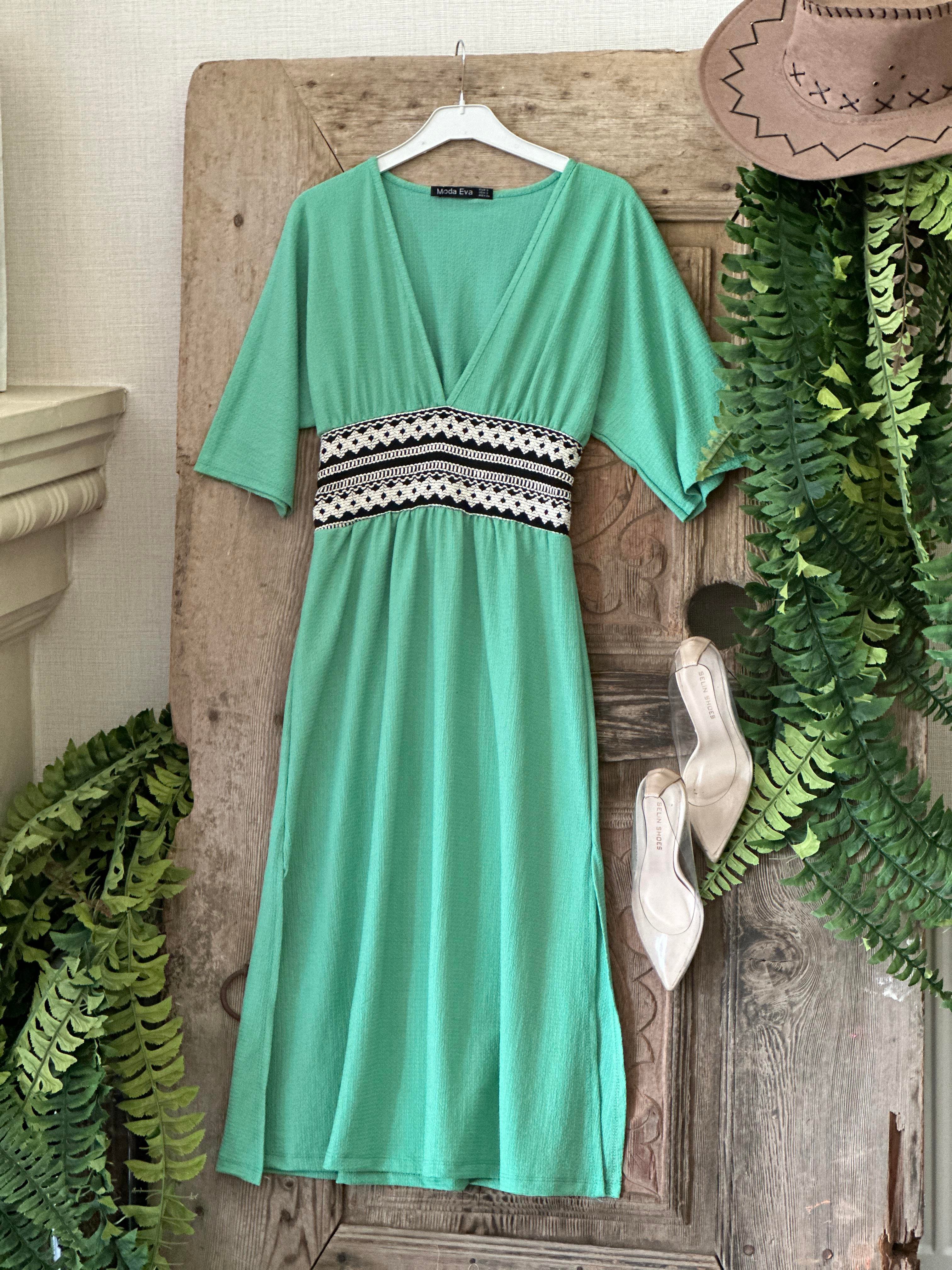 Bürümcük Kumaş Bel Örme Detaylı Rahat Midi Elbise