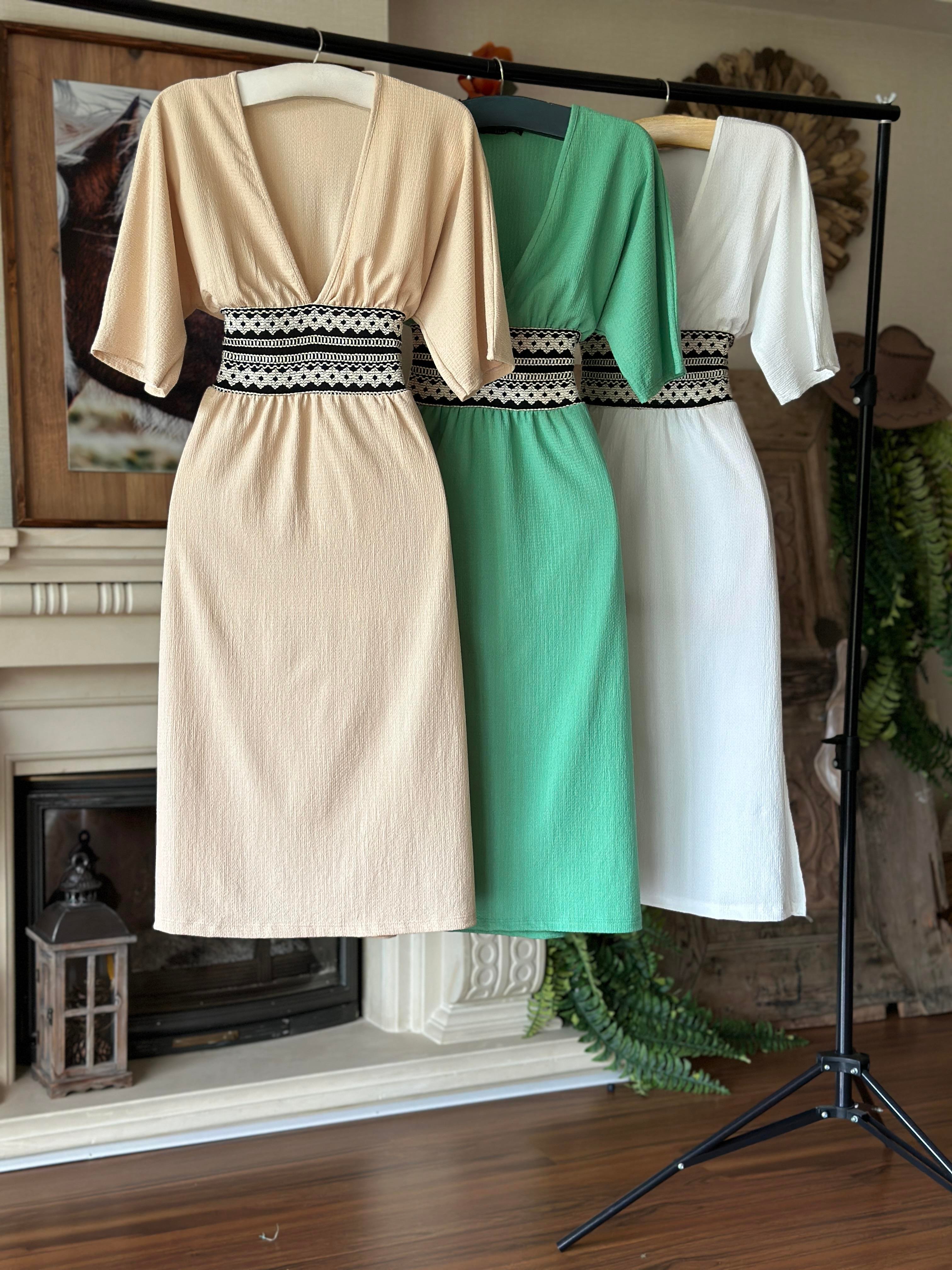 Bürümcük Kumaş Bel Örme Detaylı Rahat Midi Elbise