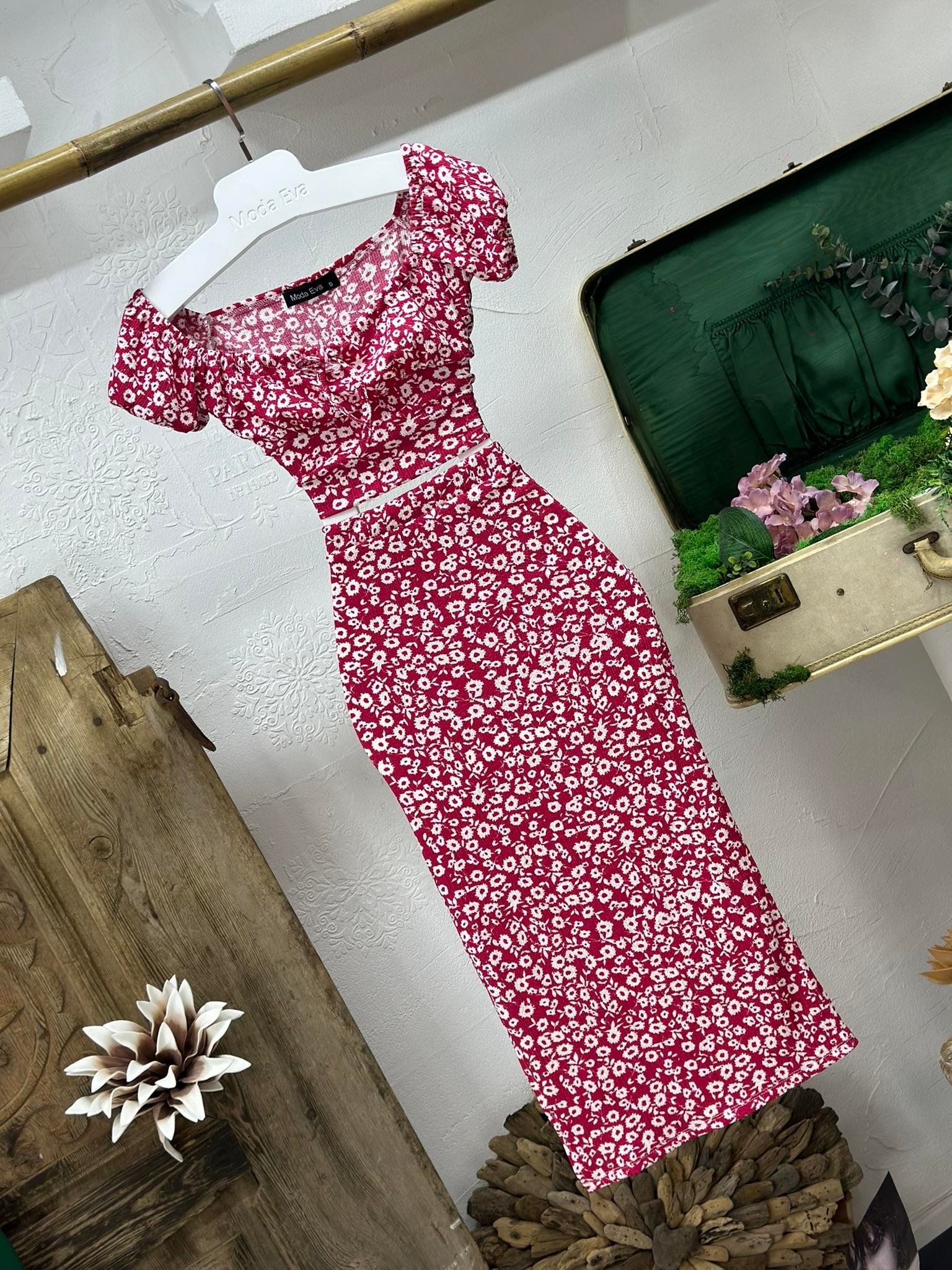Bürümcük Kumaş Çiçek Desen Etek Crop İkili Takım