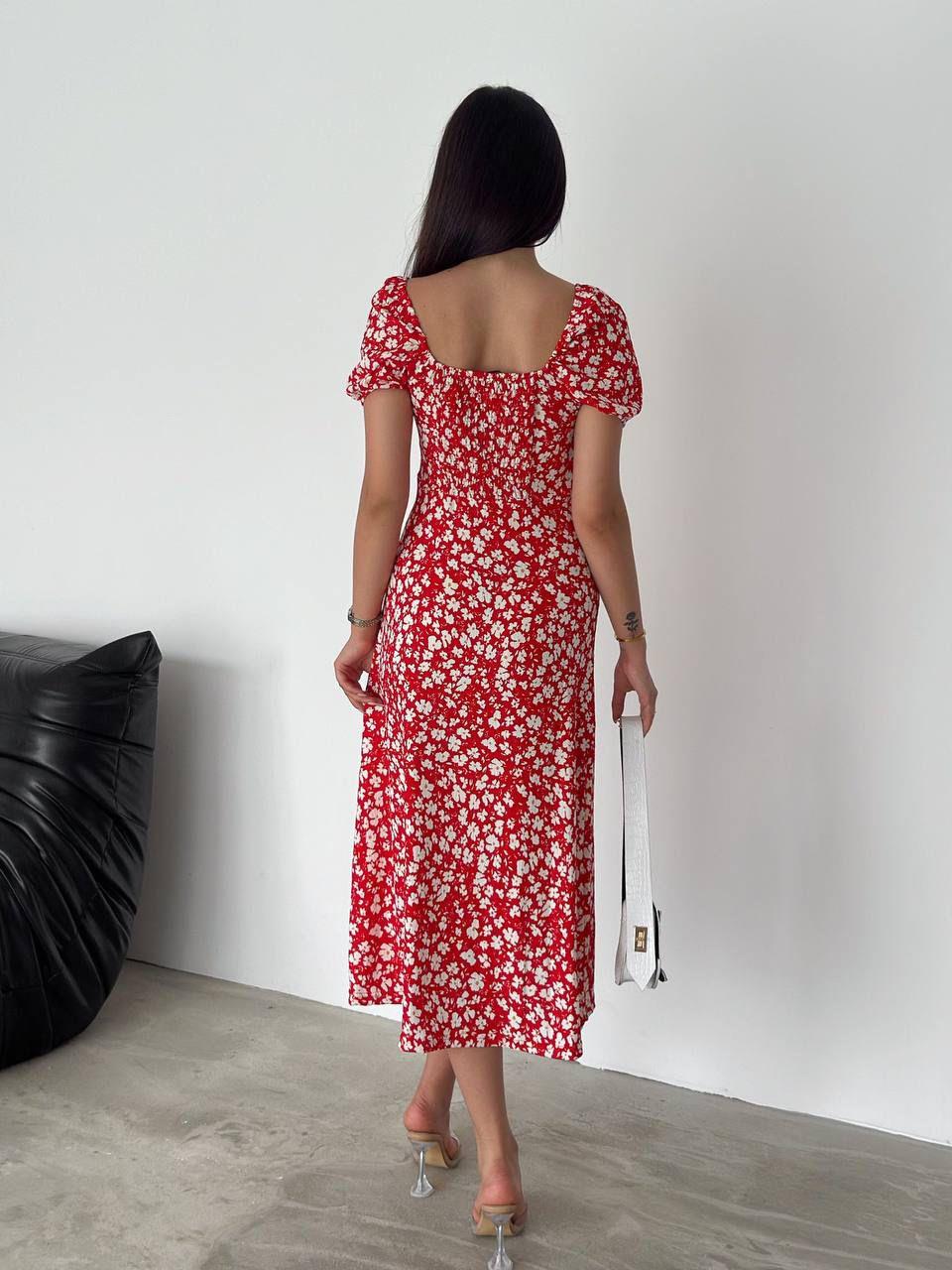 Bürümcük Kumaş Çiçek Desen Göğüs Büzgülü Sırt Gipeli Midi Boy Elbise
