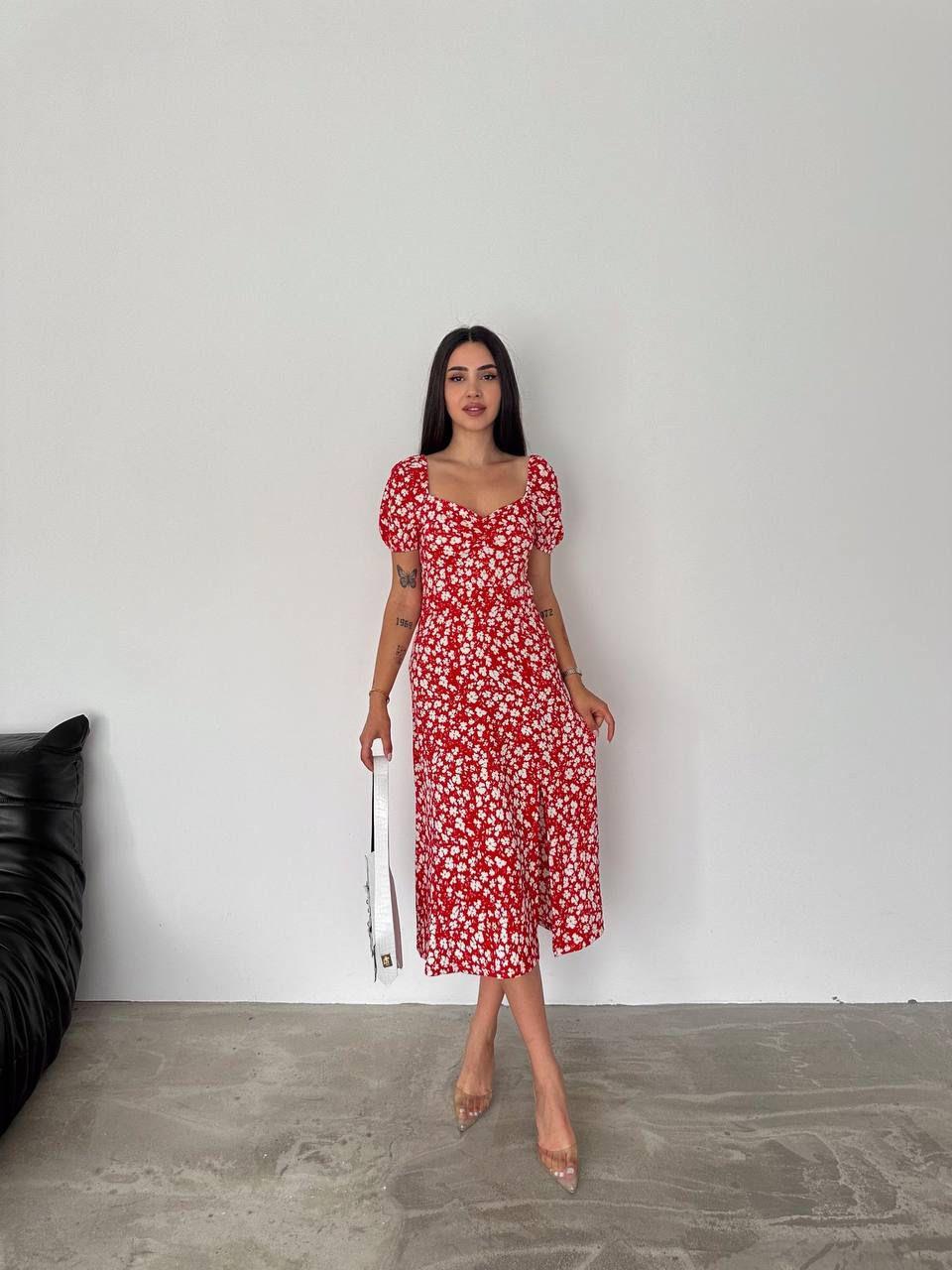 Bürümcük Kumaş Çiçek Desen Göğüs Büzgülü Sırt Gipeli Midi Boy Elbise