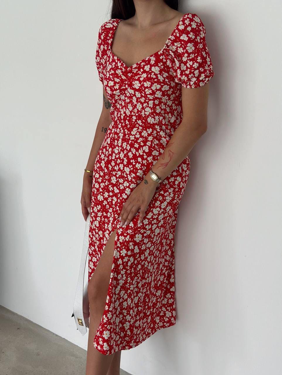 Bürümcük Kumaş Çiçek Desen Göğüs Büzgülü Sırt Gipeli Midi Boy Elbise