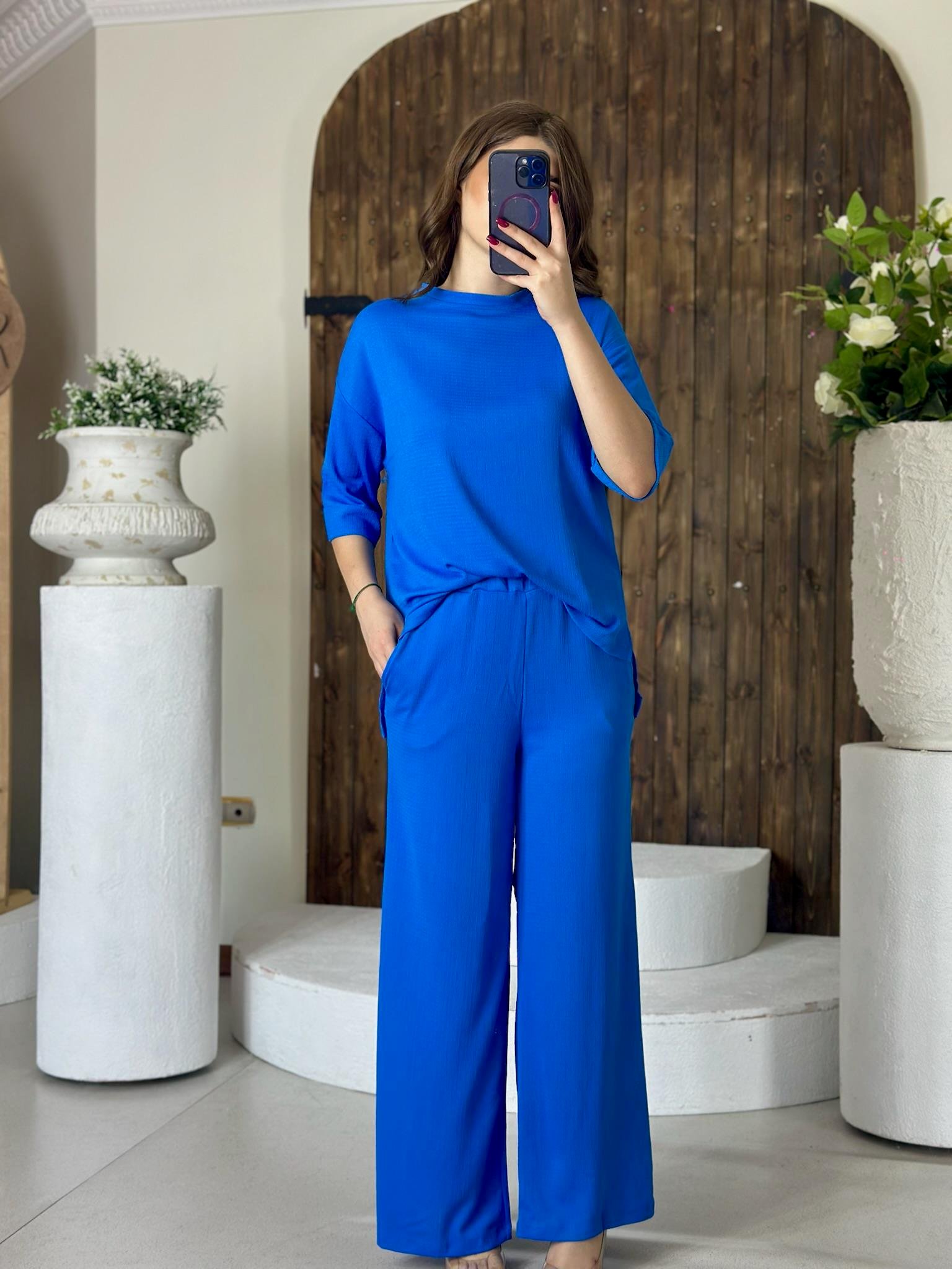 Bürümcük Kumaş Rahat Kalıp Pantolon Salaş Bluz İkili Takım