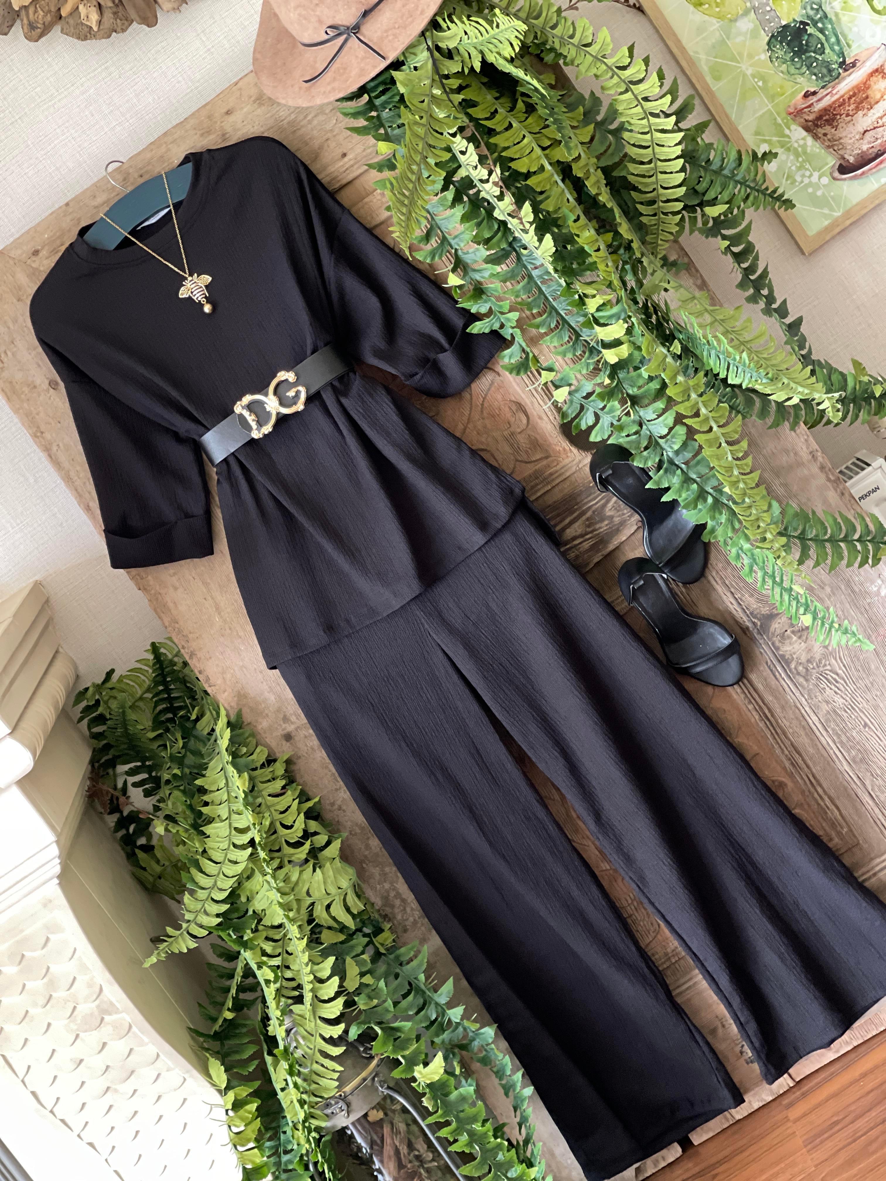 Bürüncük Kumaş Rahat Kalıp Pantolon Salaş Bluz İkili Takım