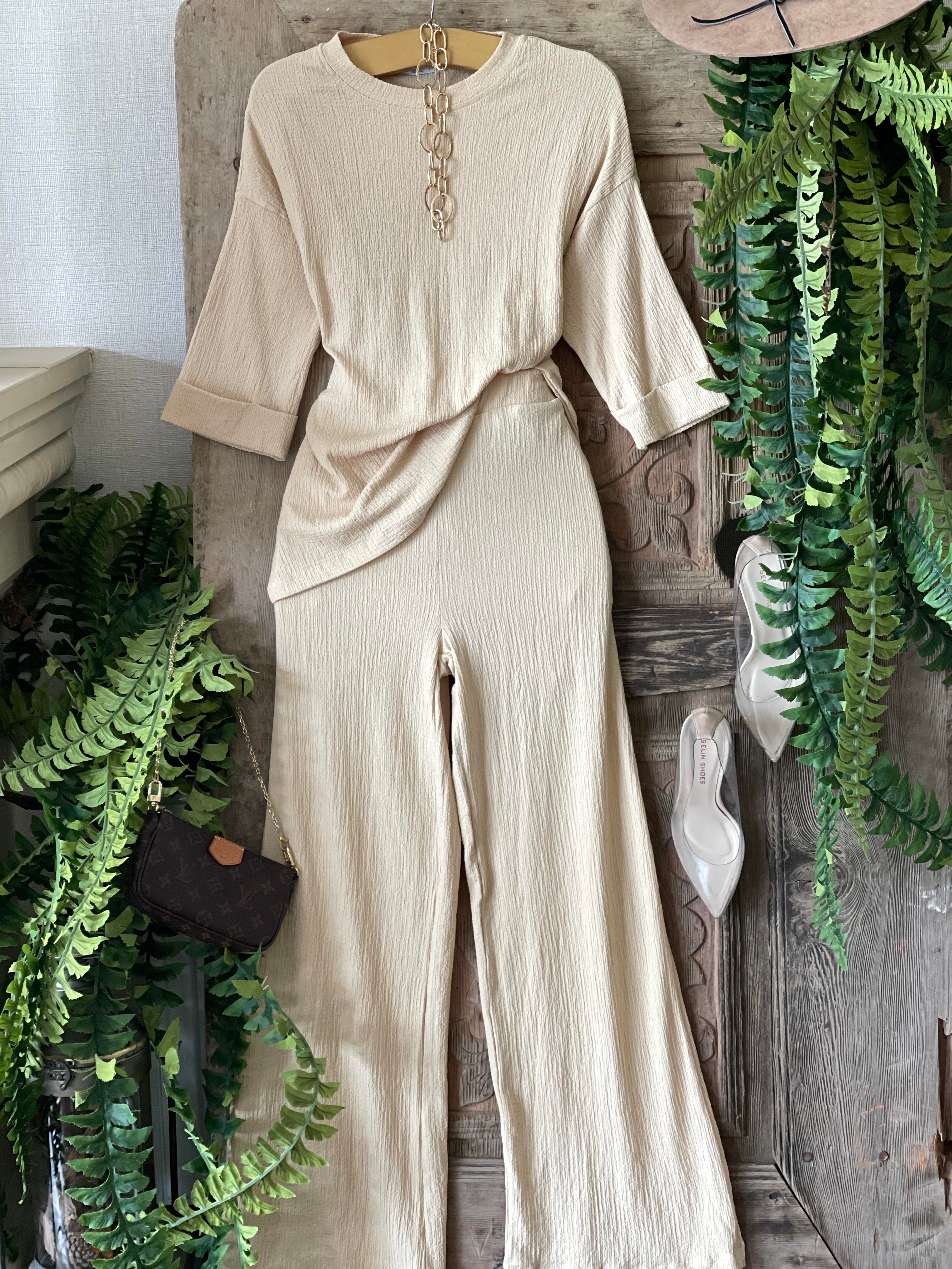 Bürüncük Kumaş Rahat Kalıp Pantolon Salaş Bluz İkili Takım