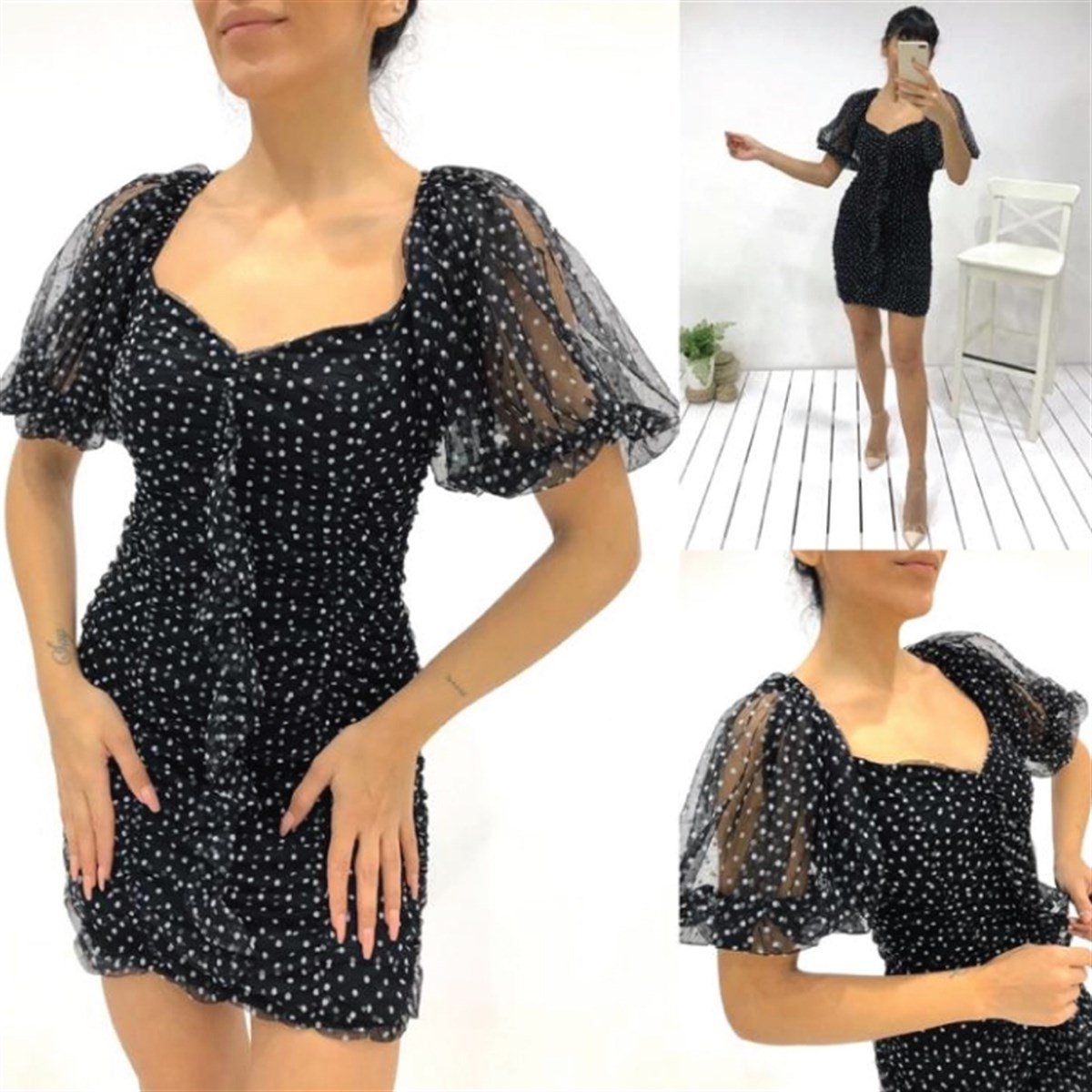 BÜZGÜLÜ ŞİFON KUMAŞ PUANTİYE DESEN ELBİSE 