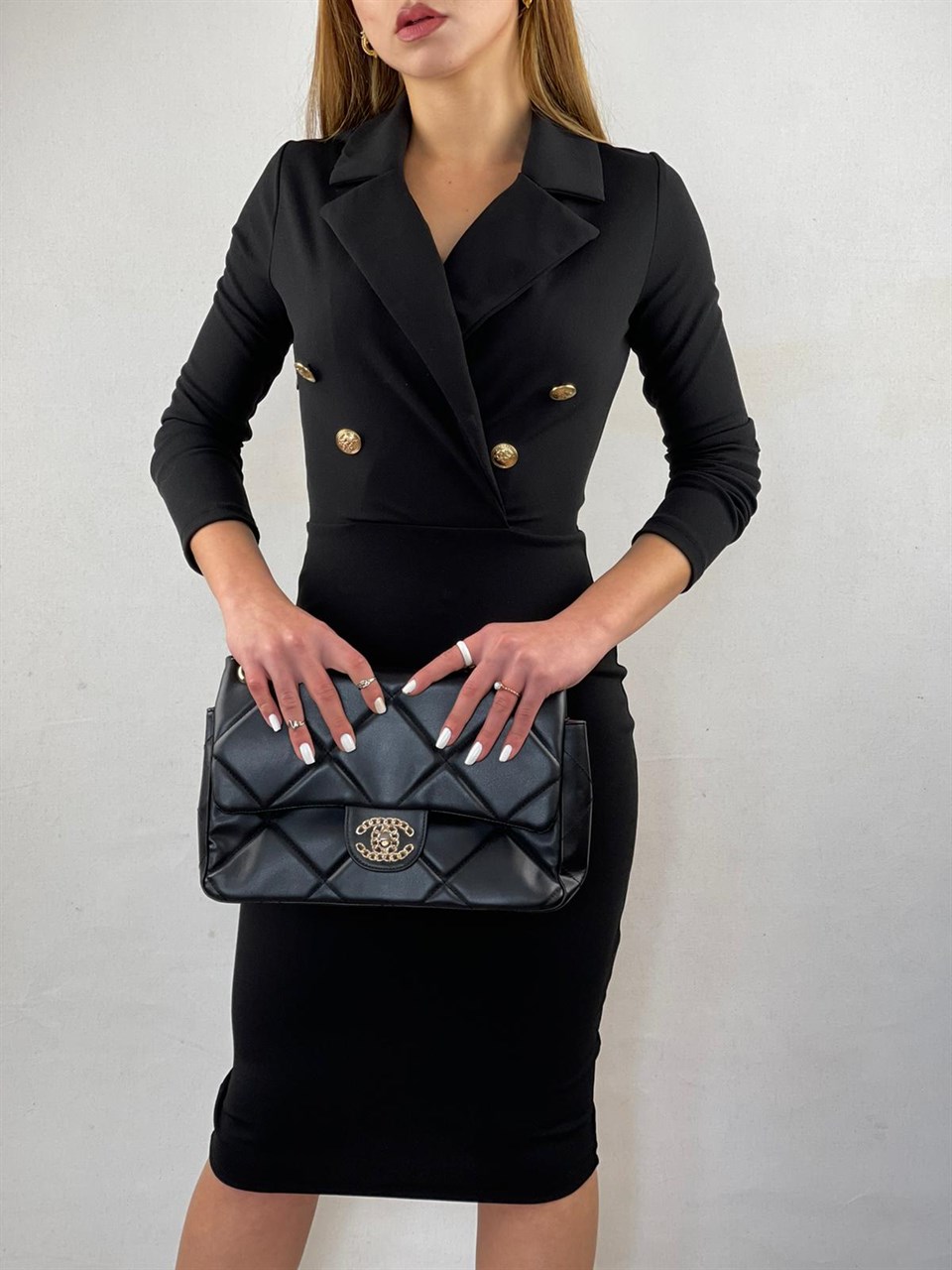 Ceket Yaka Çelik Kumaş Siyah Kalem Elbise 