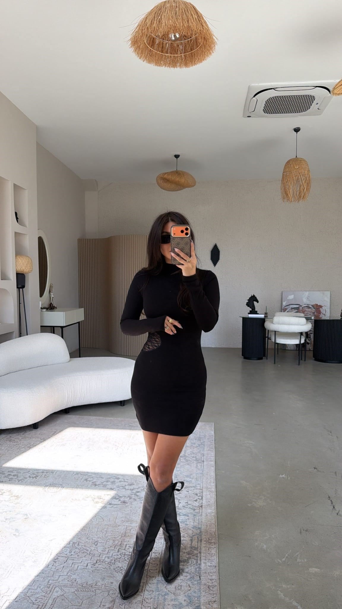 Çelik Triko Beli Dantelli Siyah Mini Elbise