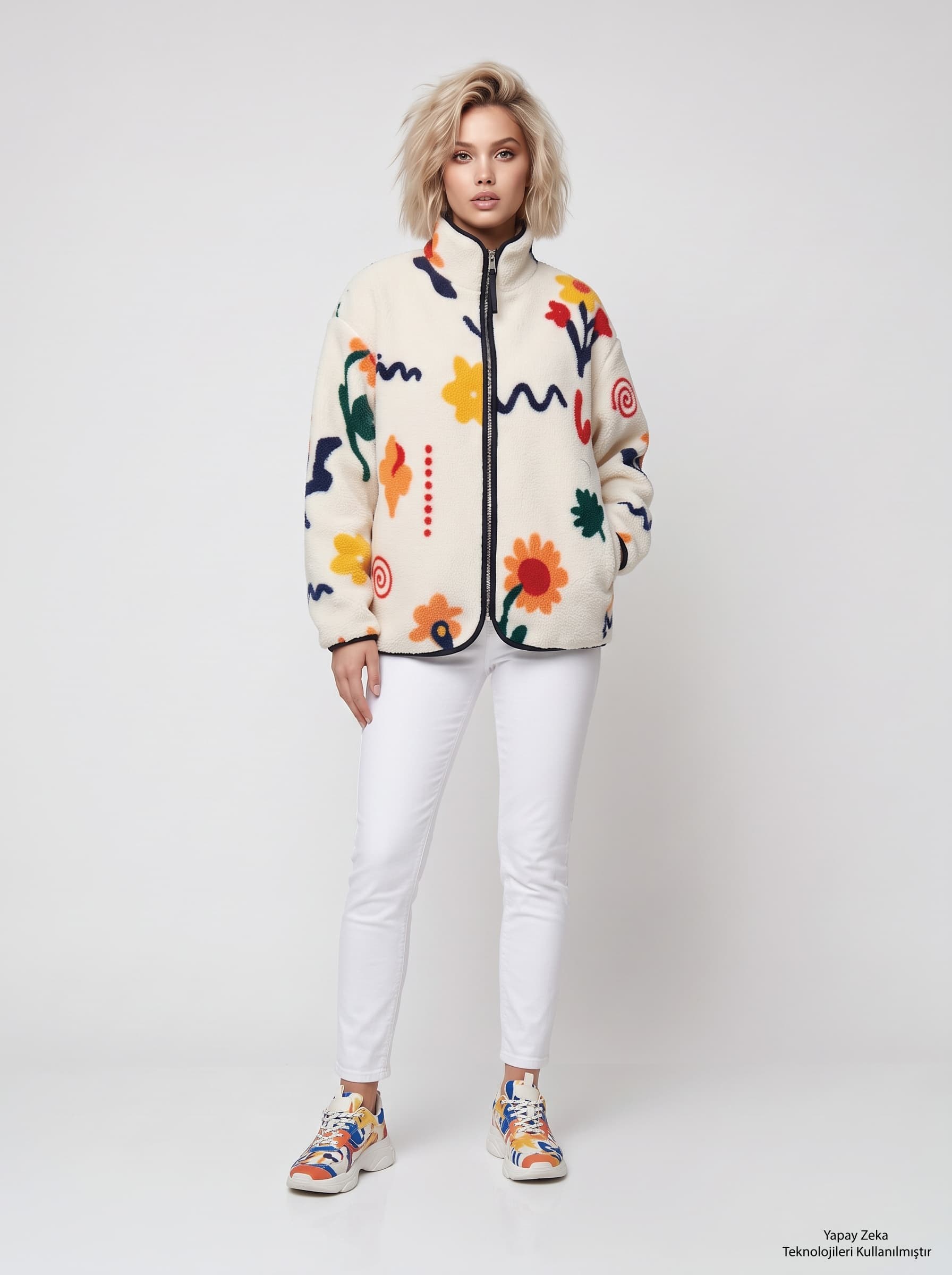 Çiçek Desenli Fermuarlı Oversize Polar Mont 