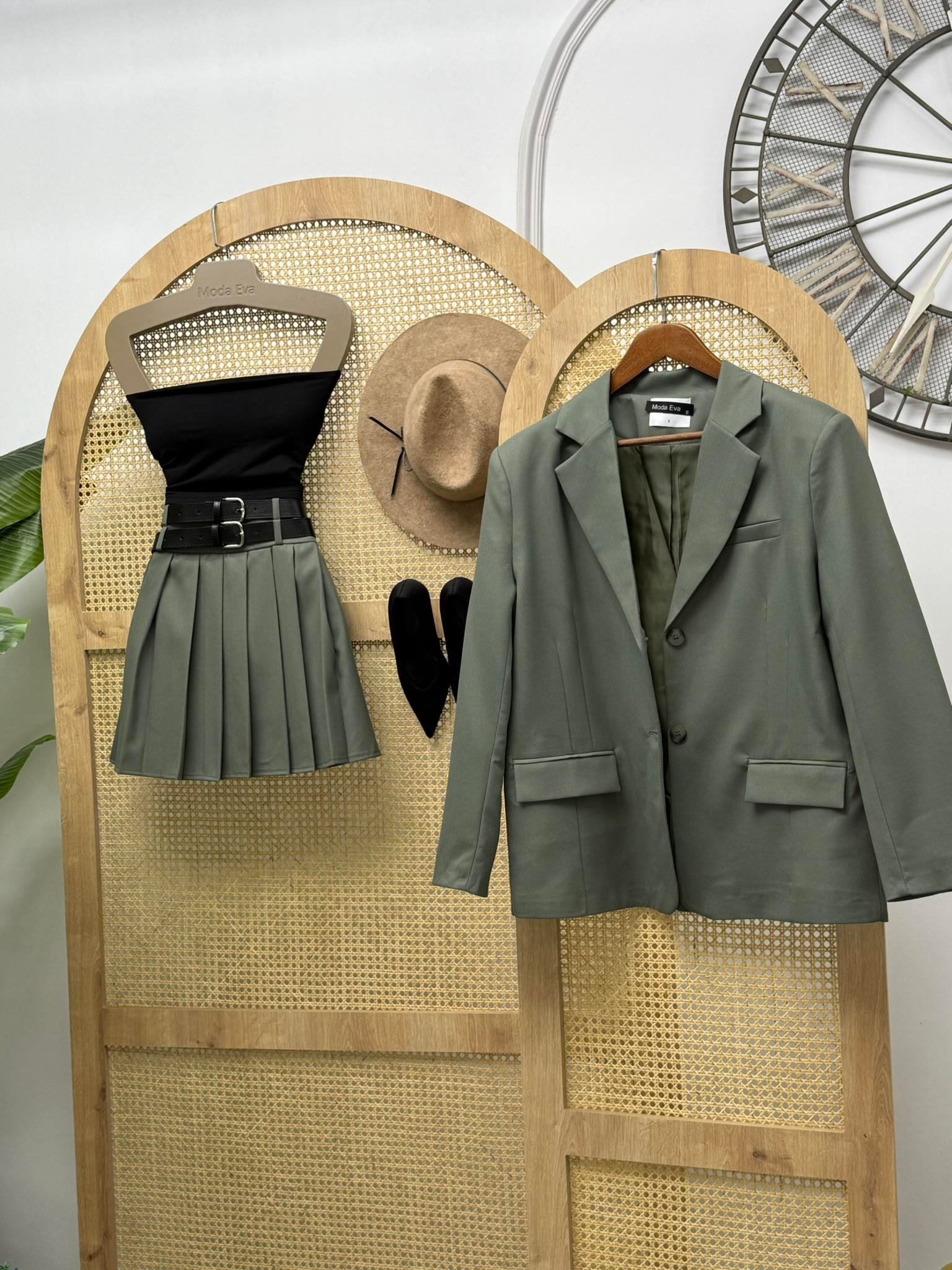 Çift Düğmeli Astarlı Oversize Poliviskon Blazer Ceket  Haki