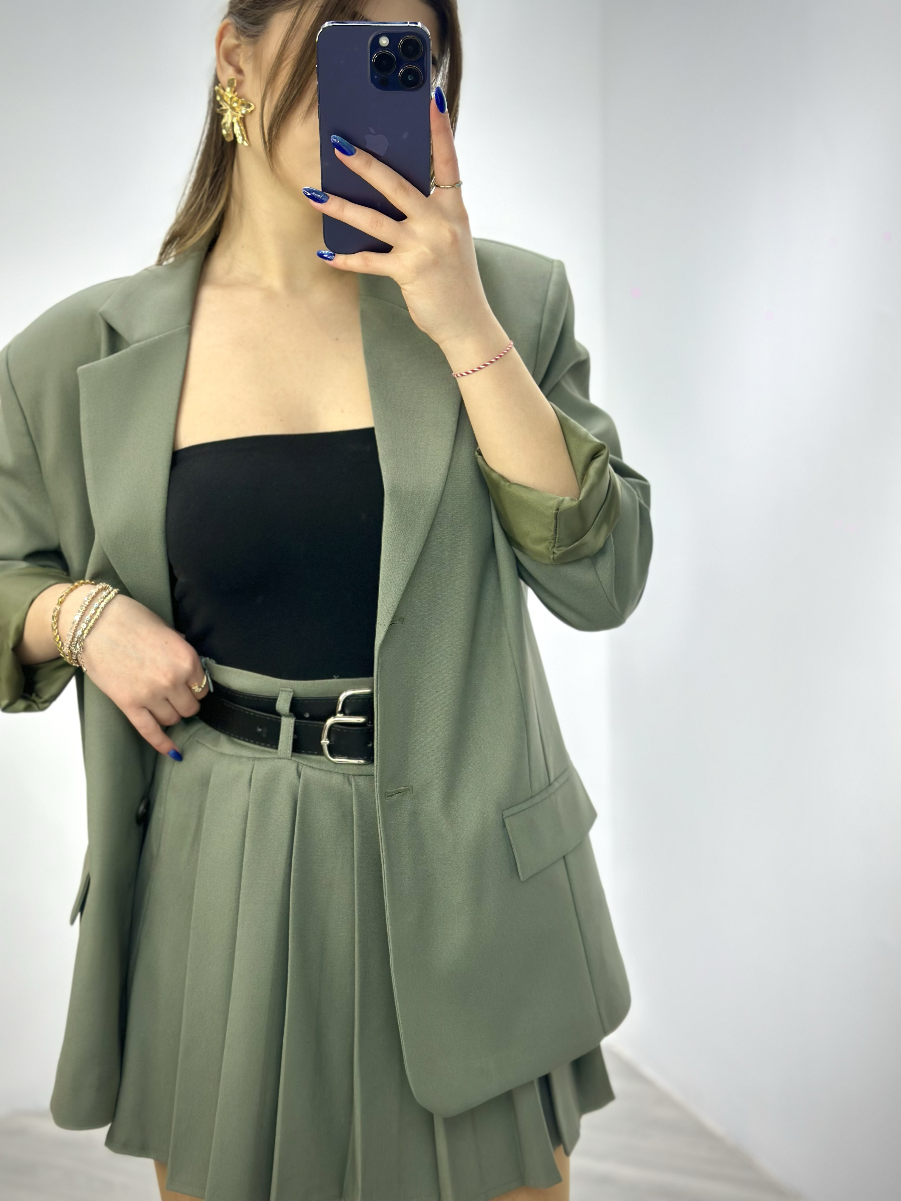 Çift Düğmeli Astarlı Oversize Poliviskon Blazer Ceket  Haki