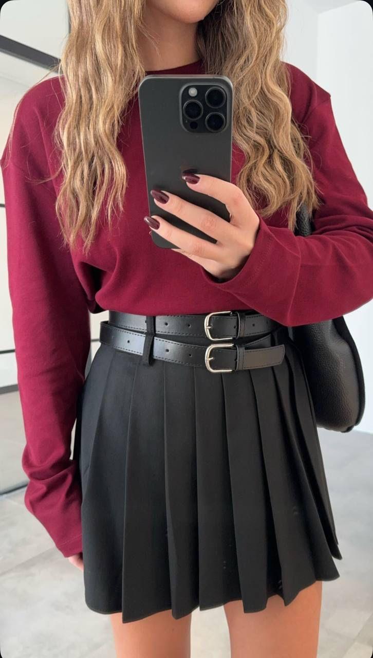 Çift Kemerli Pileli Etek Siyah