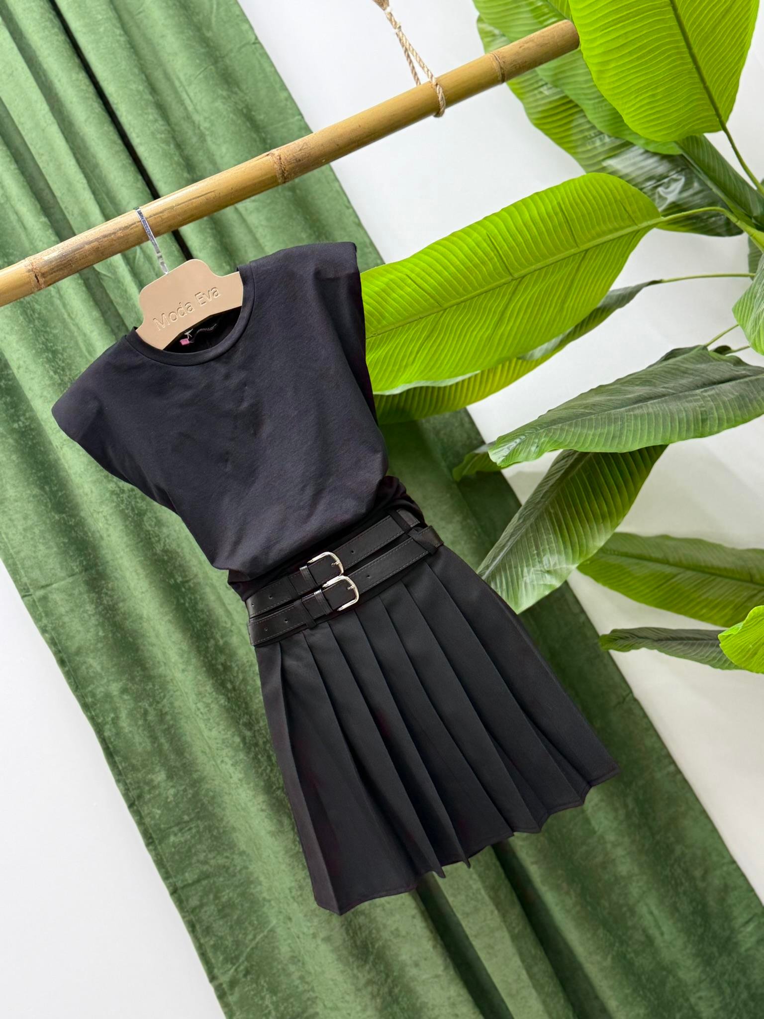 Çift Kemerli Pileli Etek Siyah