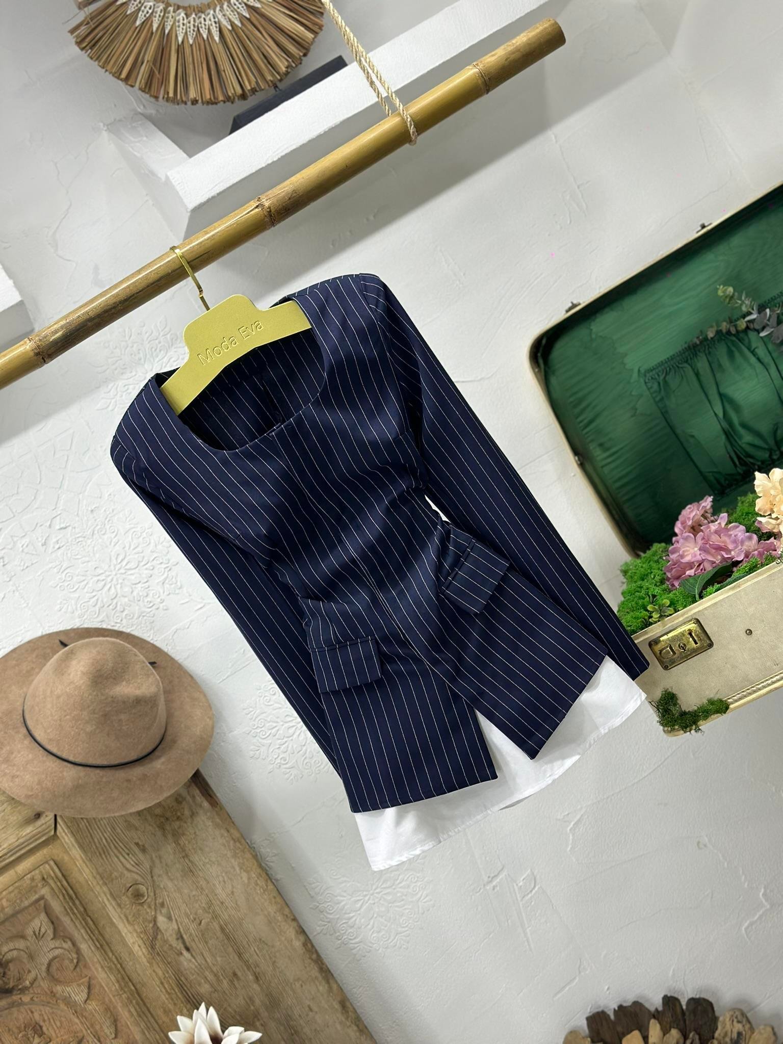 Çizgi Desen Garnili Lacivert Ceket Elbise