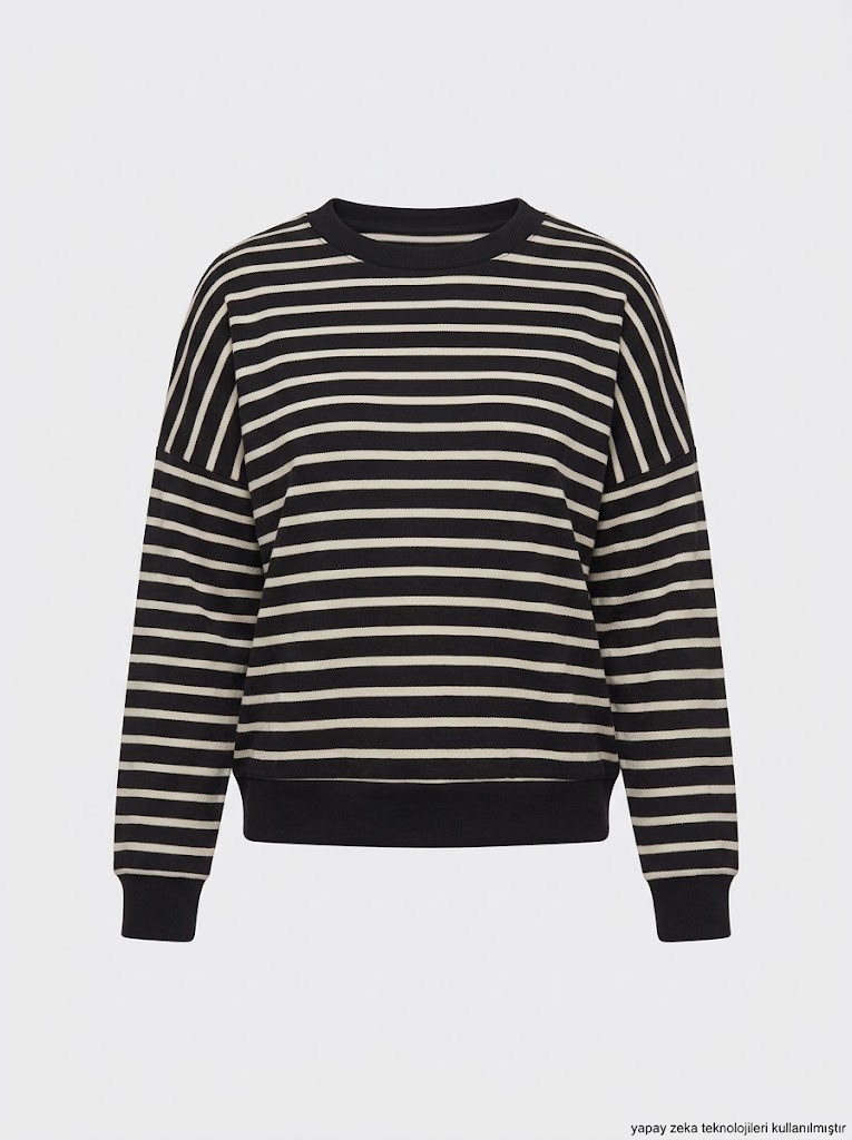 Çizgi Desen İki İplik Dokuma Rahat Kalıp Sweatshirt