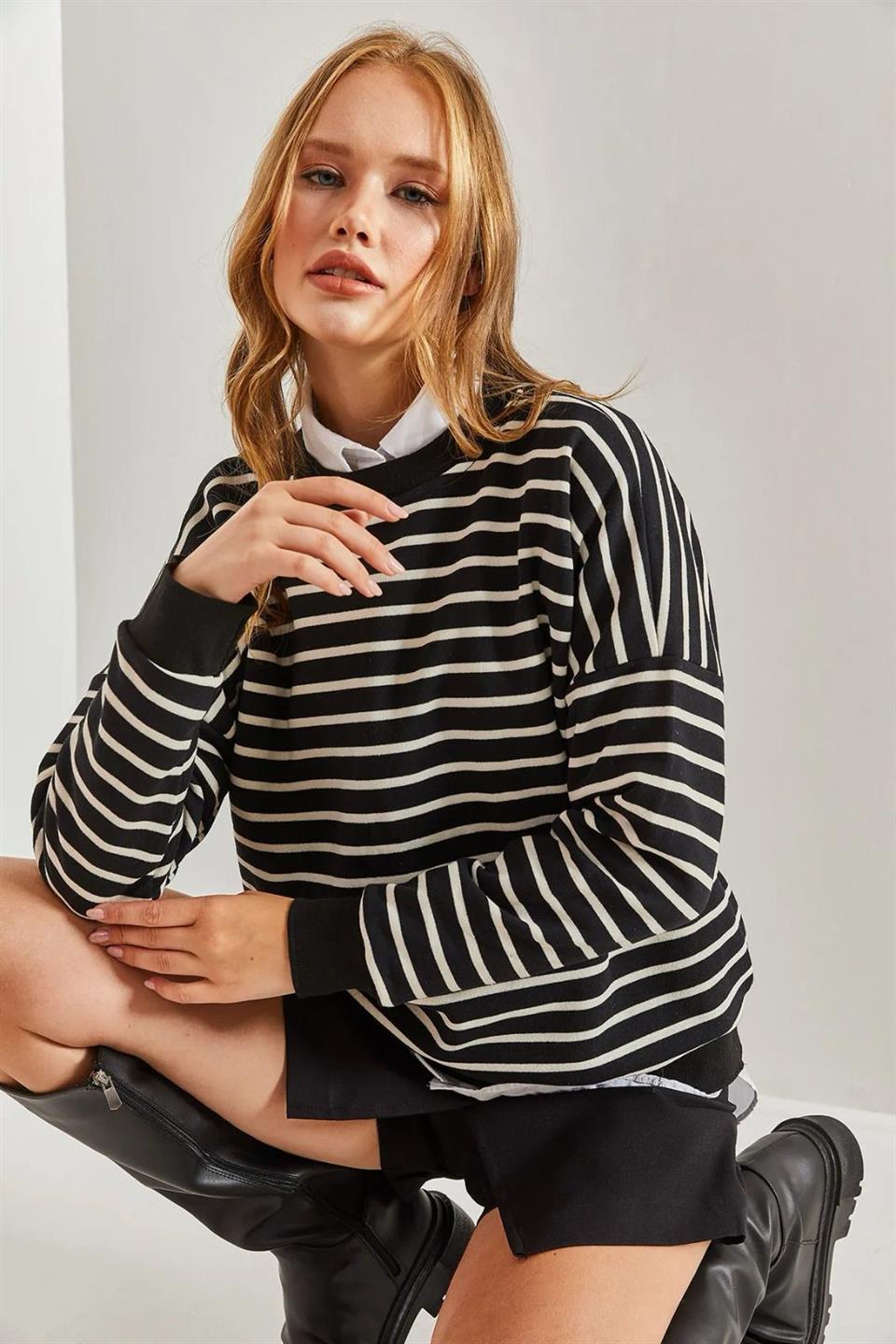 Çizgi Desen İki İplik Dokuma Rahat Kalıp Sweatshirt