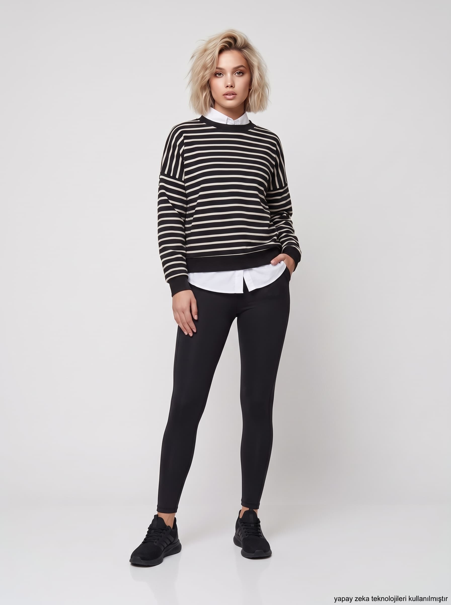 Çizgi Desen İki İplik Dokuma Rahat Kalıp Sweatshirt
