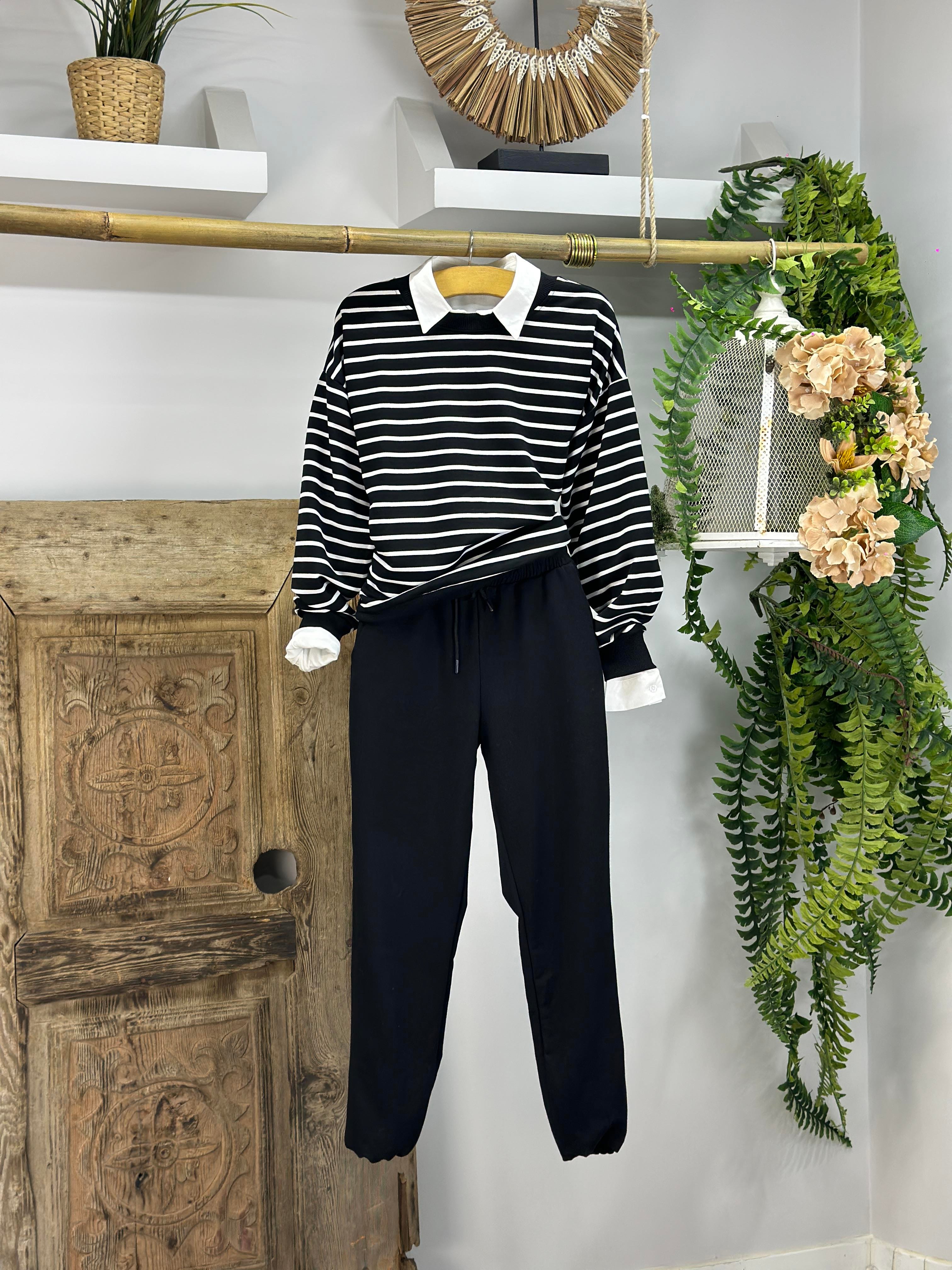 Çizgi Desen İki İplik Dokuma Rahat Kalıp Sweatshirt