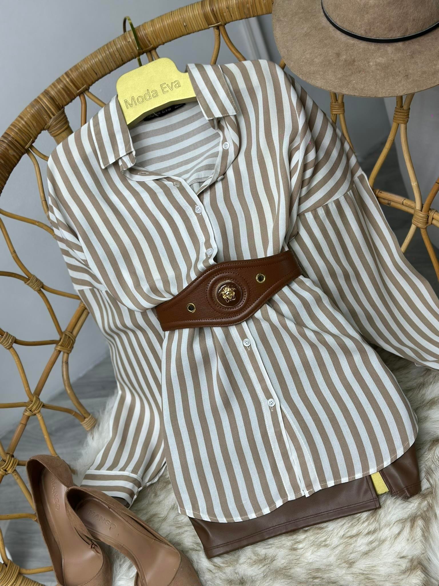 Çizgi Desen Pamuk Viskon Gömlek  Krem