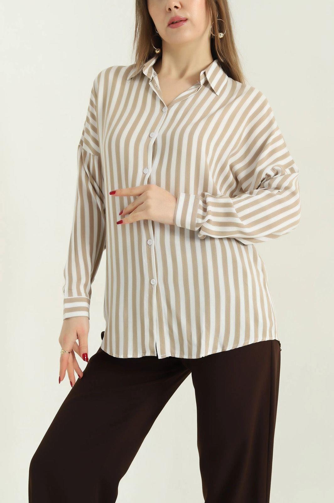 Çizgi Desen Pamuk Viskon Gömlek  Krem