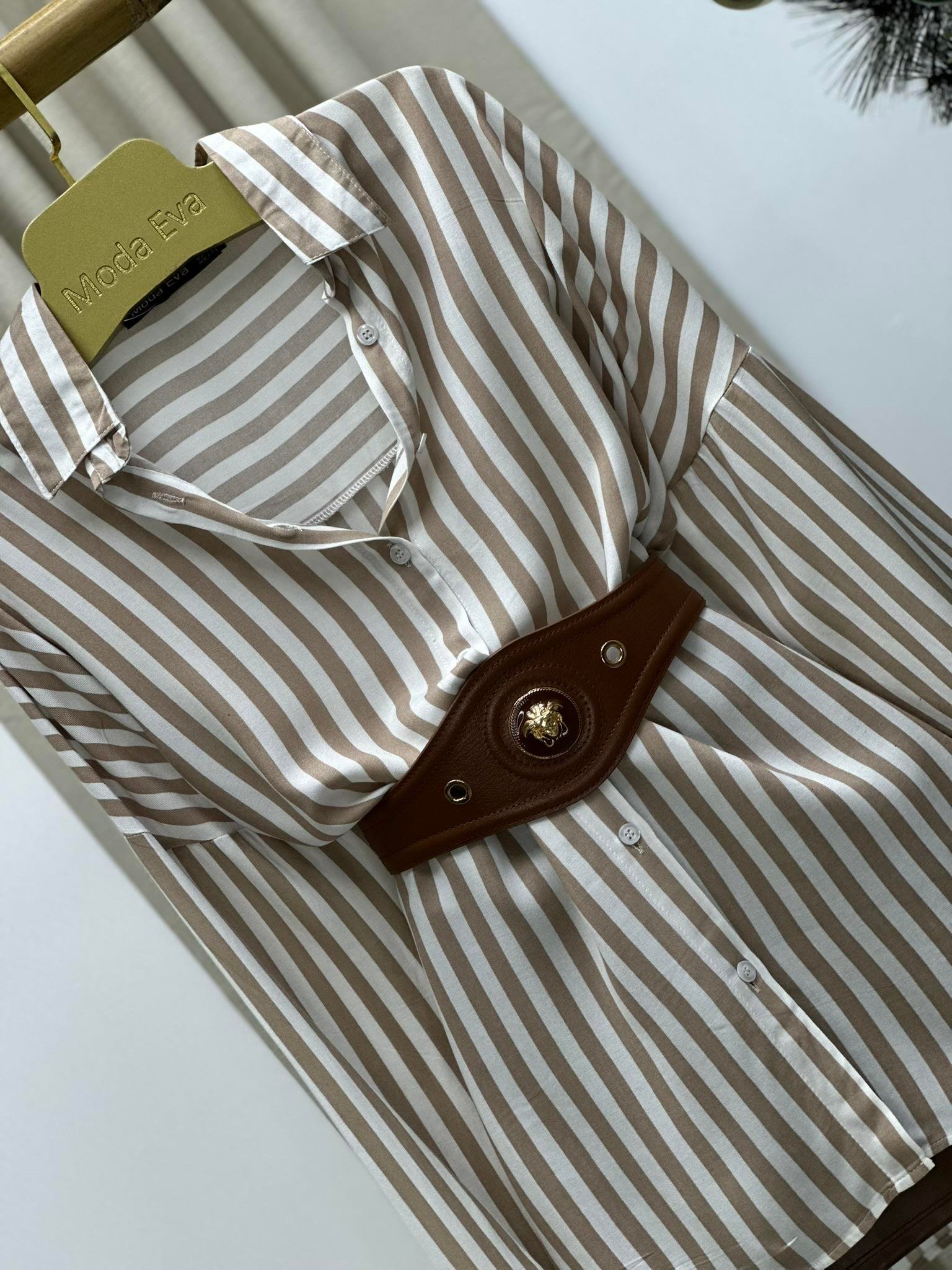 Çizgi Desen Pamuk Viskon Gömlek  Krem