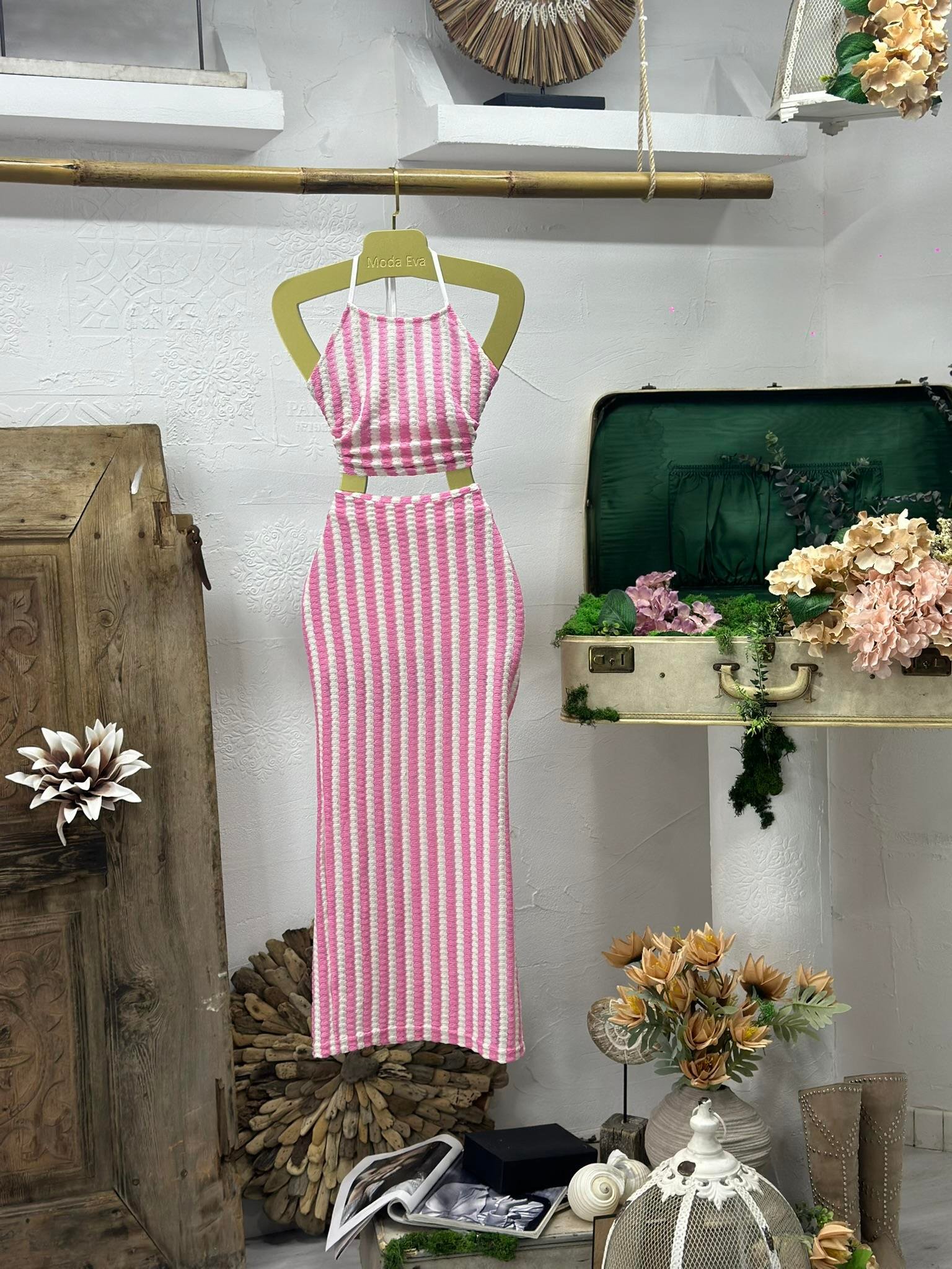 Çizgi Desen Yırtmaç Detay Astarlı Etek Crop İkili Takım