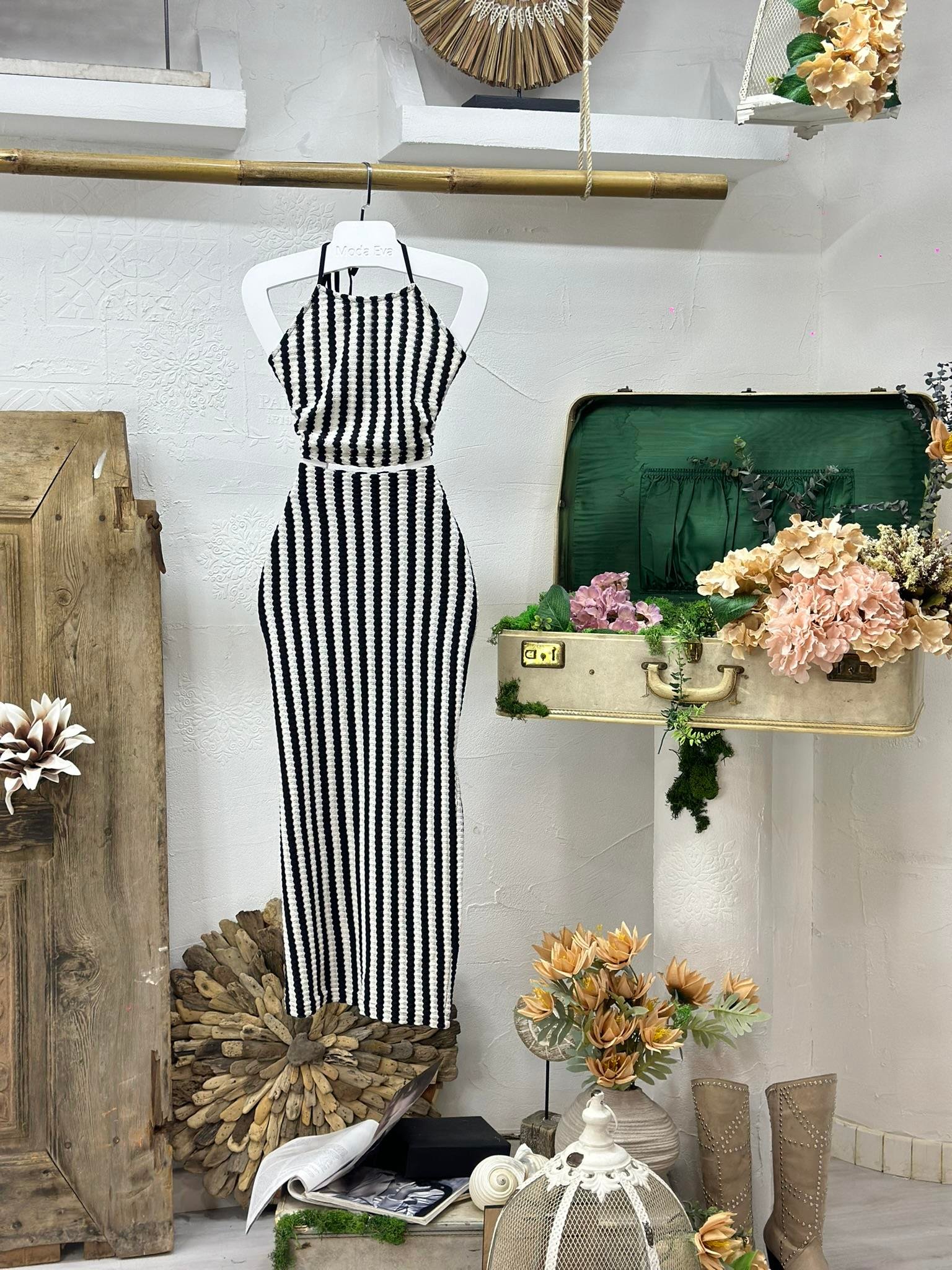 Çizgi Desen Yırtmaç Detay Astarlı Etek Crop İkili Takım