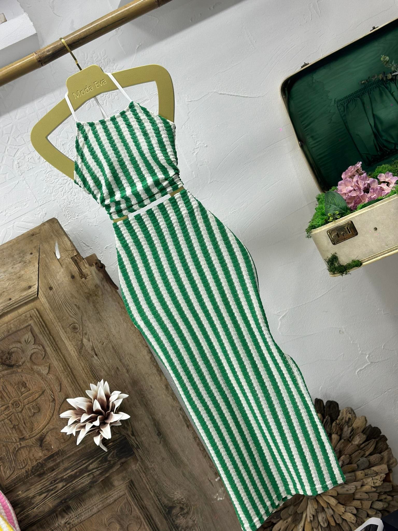 Çizgi Desen Yırtmaç Detay Astarlı Etek Crop İkili Takım