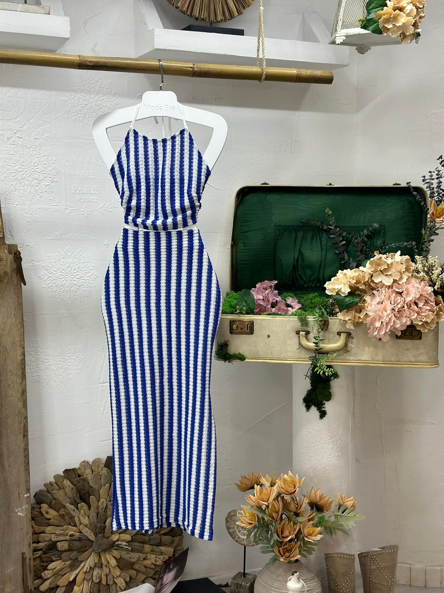 Çizgi Desen Yırtmaç Detay Astarlı Etek Crop İkili Takım