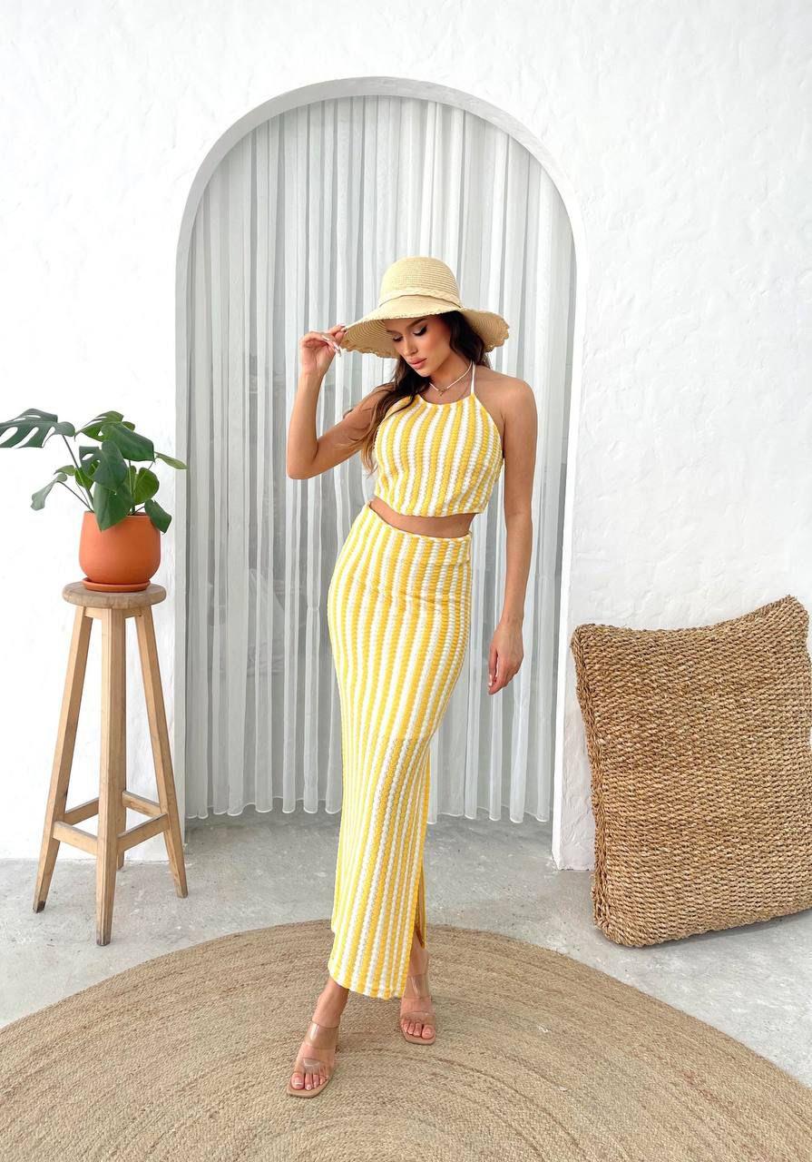 Çizgi Desen Yırtmaç Detay Astarlı Etek Crop İkili Takım