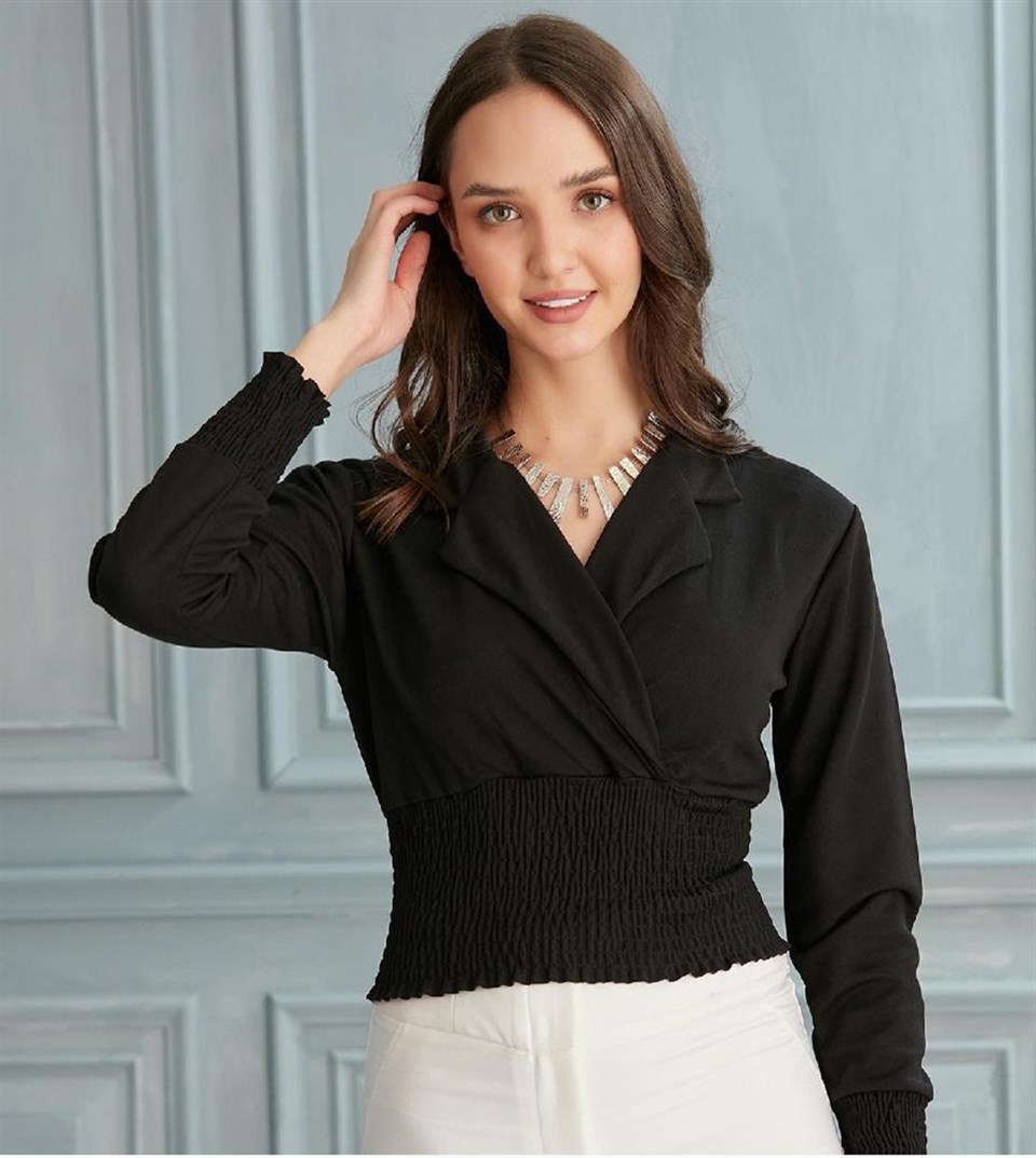 Crep Dokuma Gömlek Yaka Gipe Detaylı Bluz