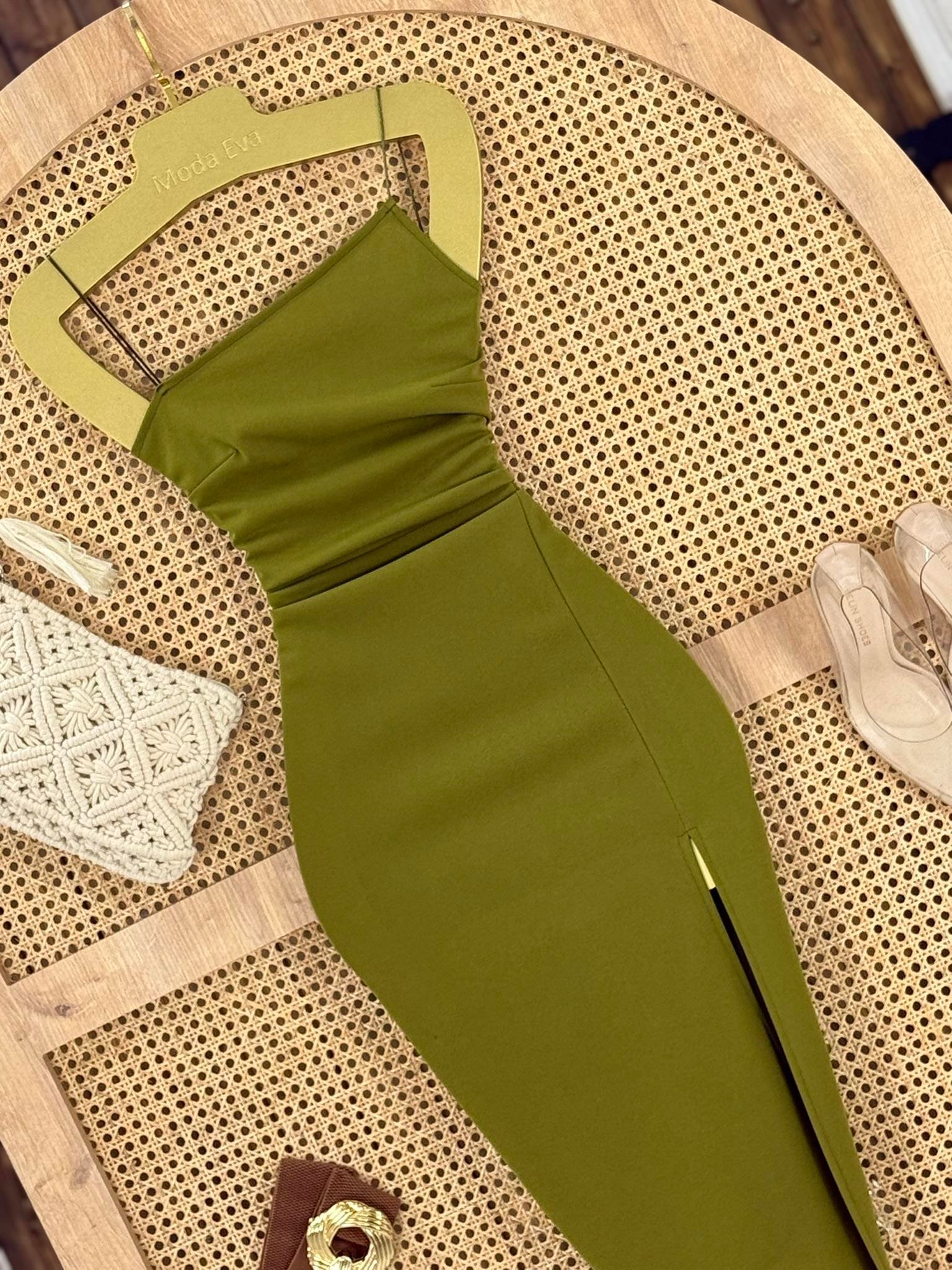 Crep Dokuma Kumaş Asimetrik Kesim Kalem Elbisemiz  Yağ Yeşili