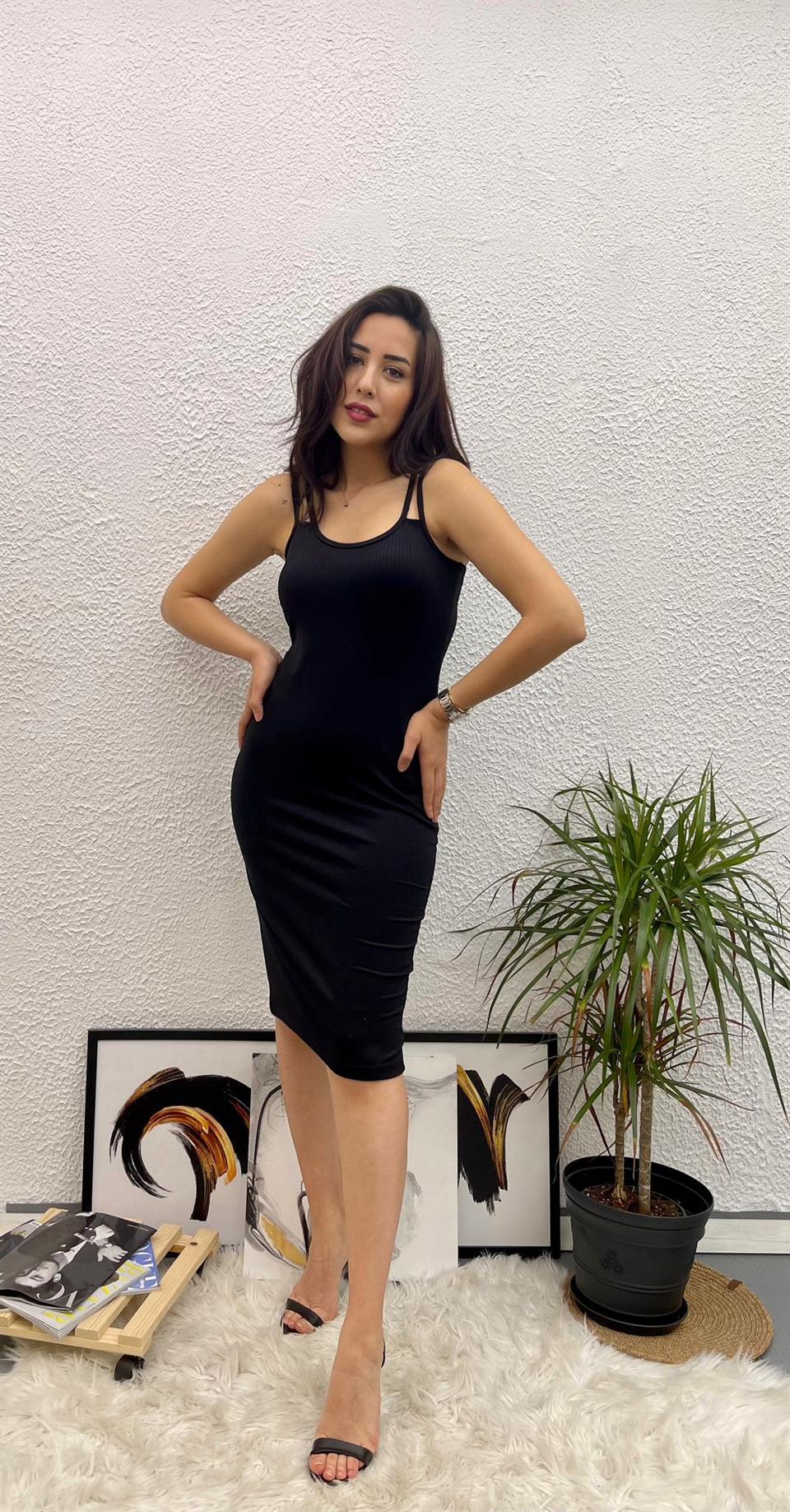 Crep Dokuma Kumaş Askı Detay Siyah Kalem Elbise